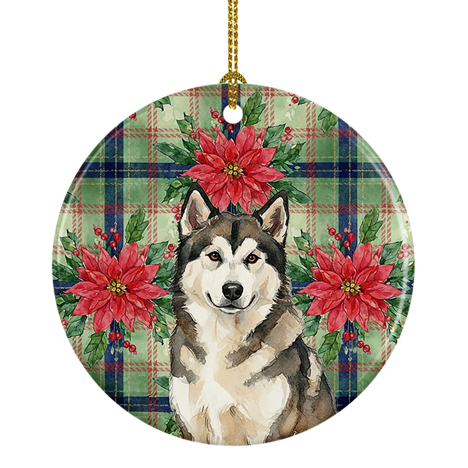 Sable and White Alaskan Malamute Christmas Poinsettas Ceramic Ornament Christmas Tree Hanging Decorations for Home Christmas Hol