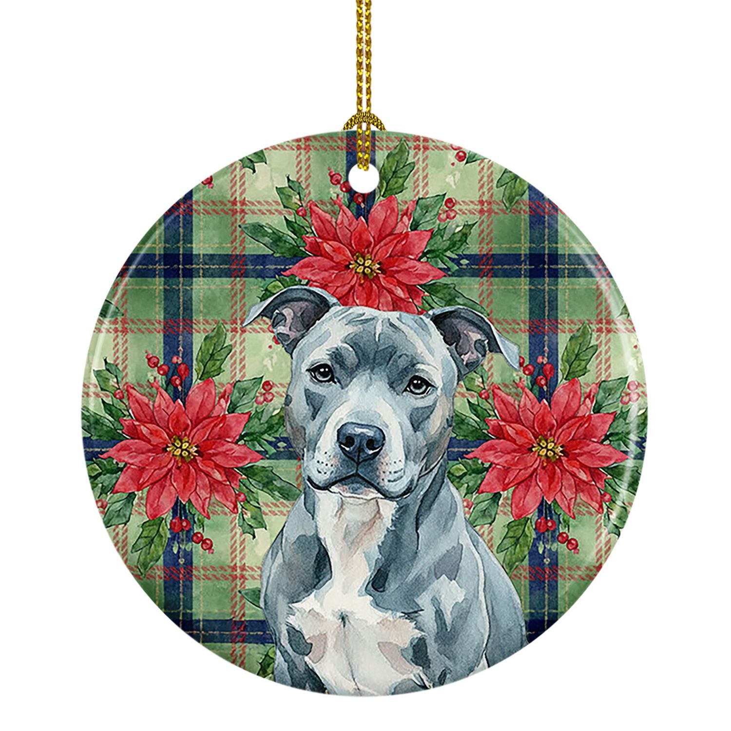 Blue American Staffordshire Terrier Christmas PoinsettIas Ceramic Ornament Christmas Tree Hanging Decorations for Home Christmas