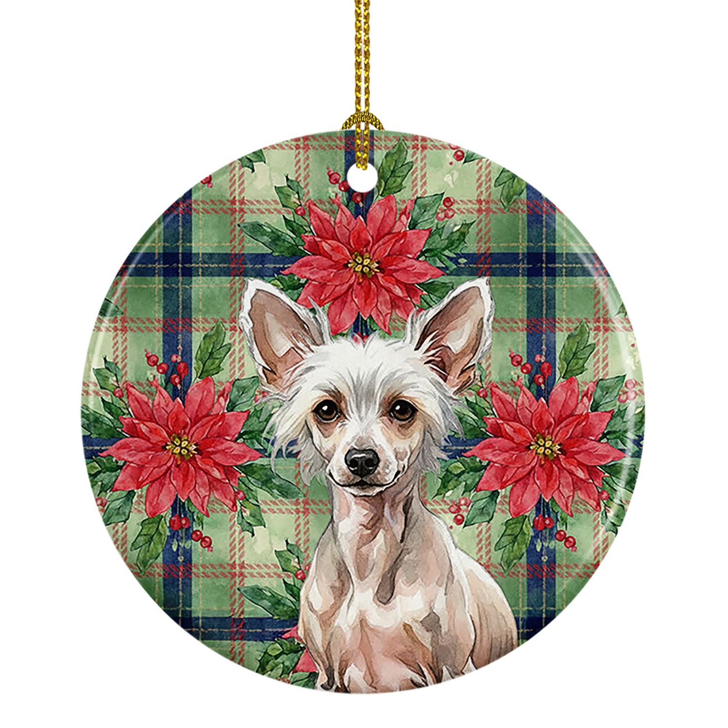 Hairless Chinese Crested Christmas PoinsettIas Ceramic Ornament Christmas Tree Hanging Decorations for Home Christmas Holiday, P