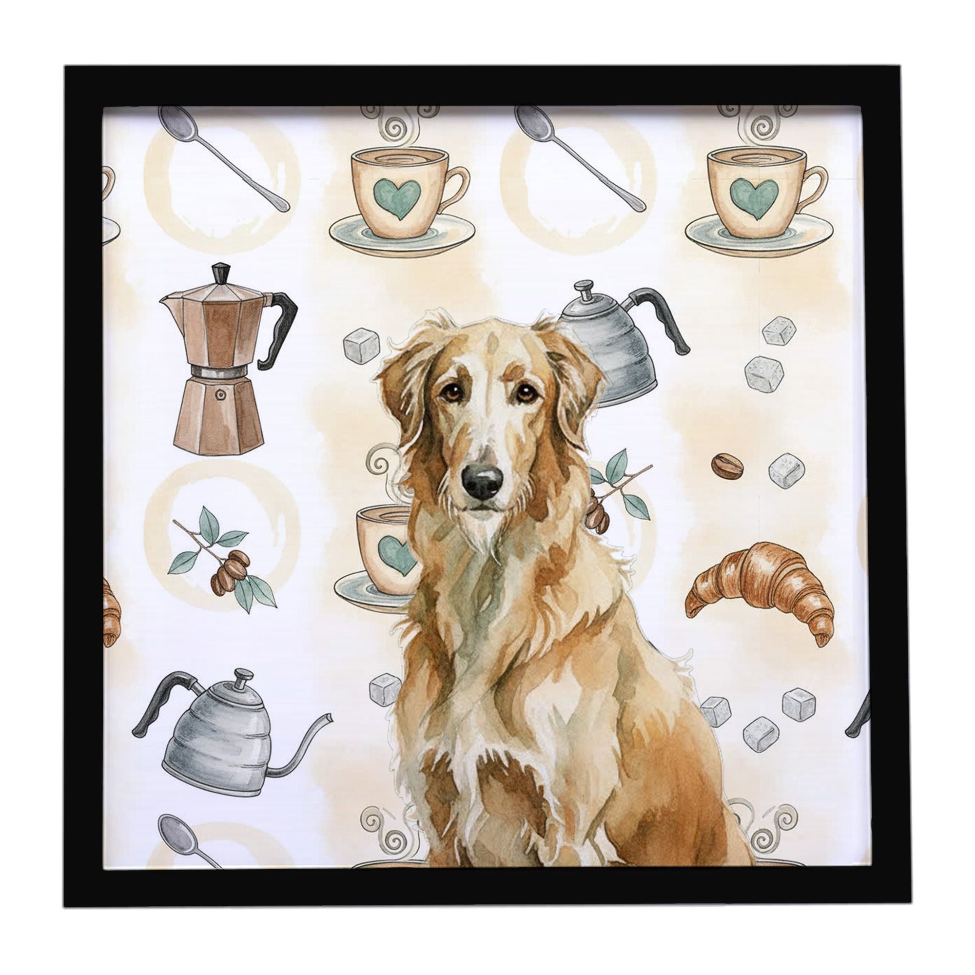 Wheaten Scottish Deerhound Coffee Bar Framed Metal Print Bathroom, Kitchen, Office, Home Decor Wall Art Ready to Hang, Square, 8