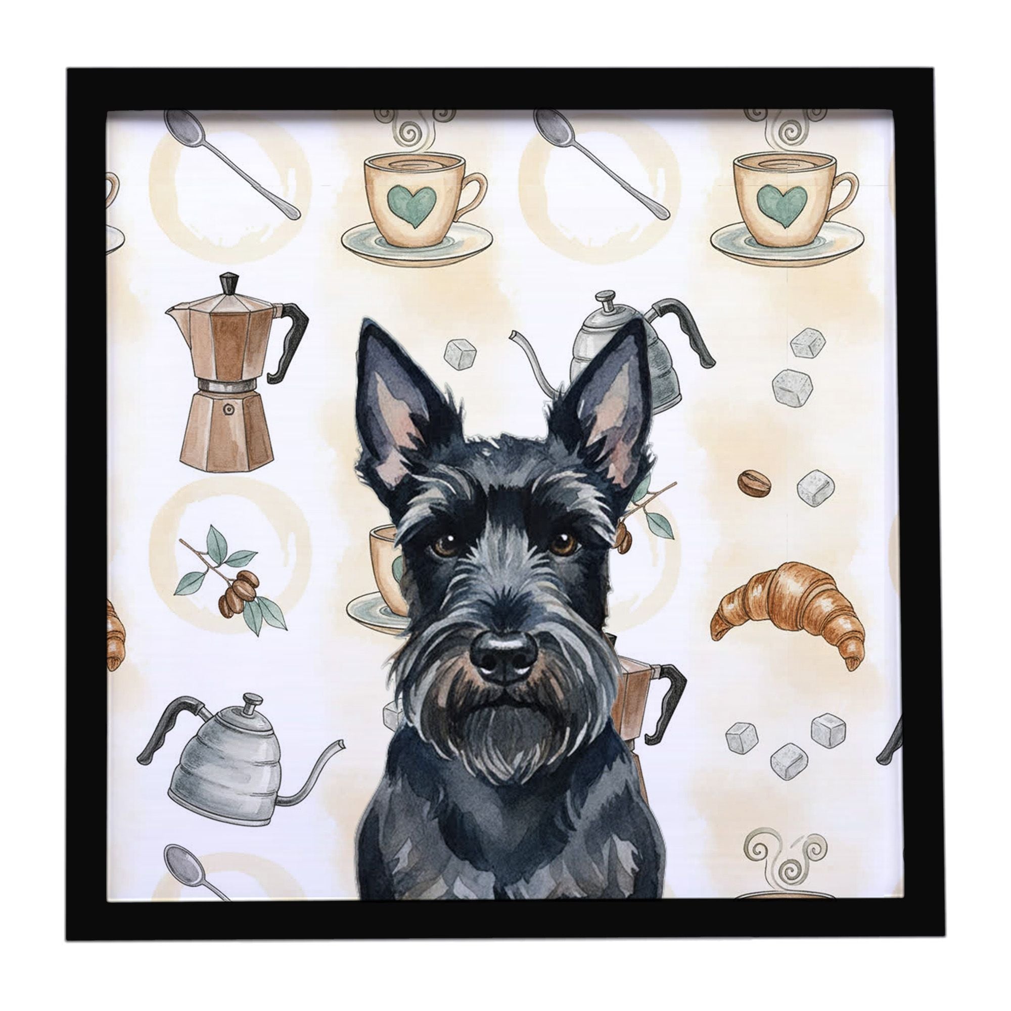 Scottish Terrier Coffee Bar Framed Metal Print Bathroom, Kitchen, Office, Home Decor Wall Art Ready to Hang, Square, 8X8