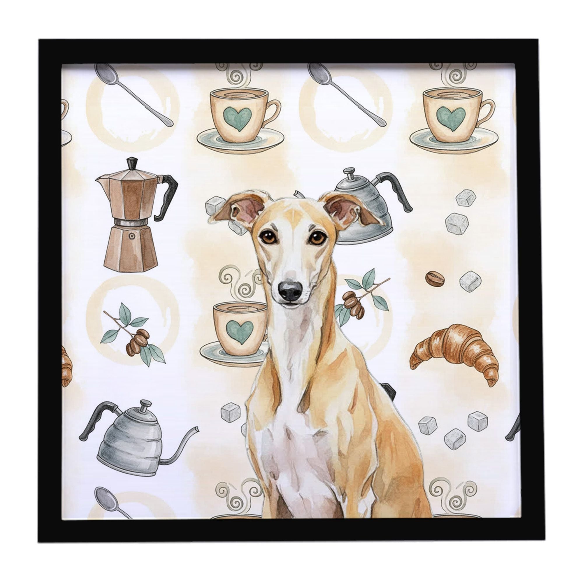 Fawn Whippet Coffee Bar Framed Metal Print Bathroom, Kitchen, Office, Home Decor Wall Art Ready to Hang, Square, 8X8