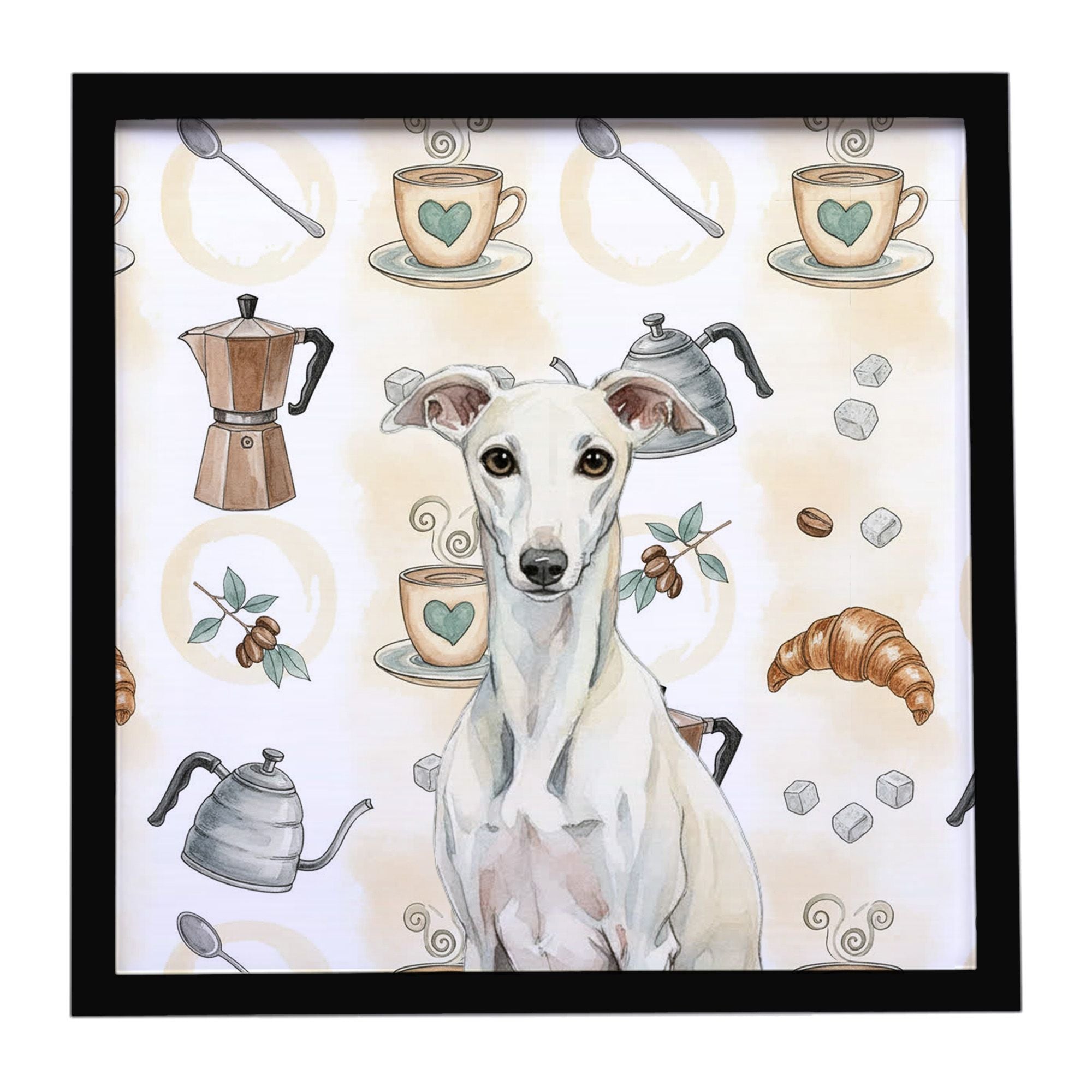 White Whippet Coffee Bar Framed Metal Print Bathroom, Kitchen, Office, Home Decor Wall Art Ready to Hang, Square, 8X8