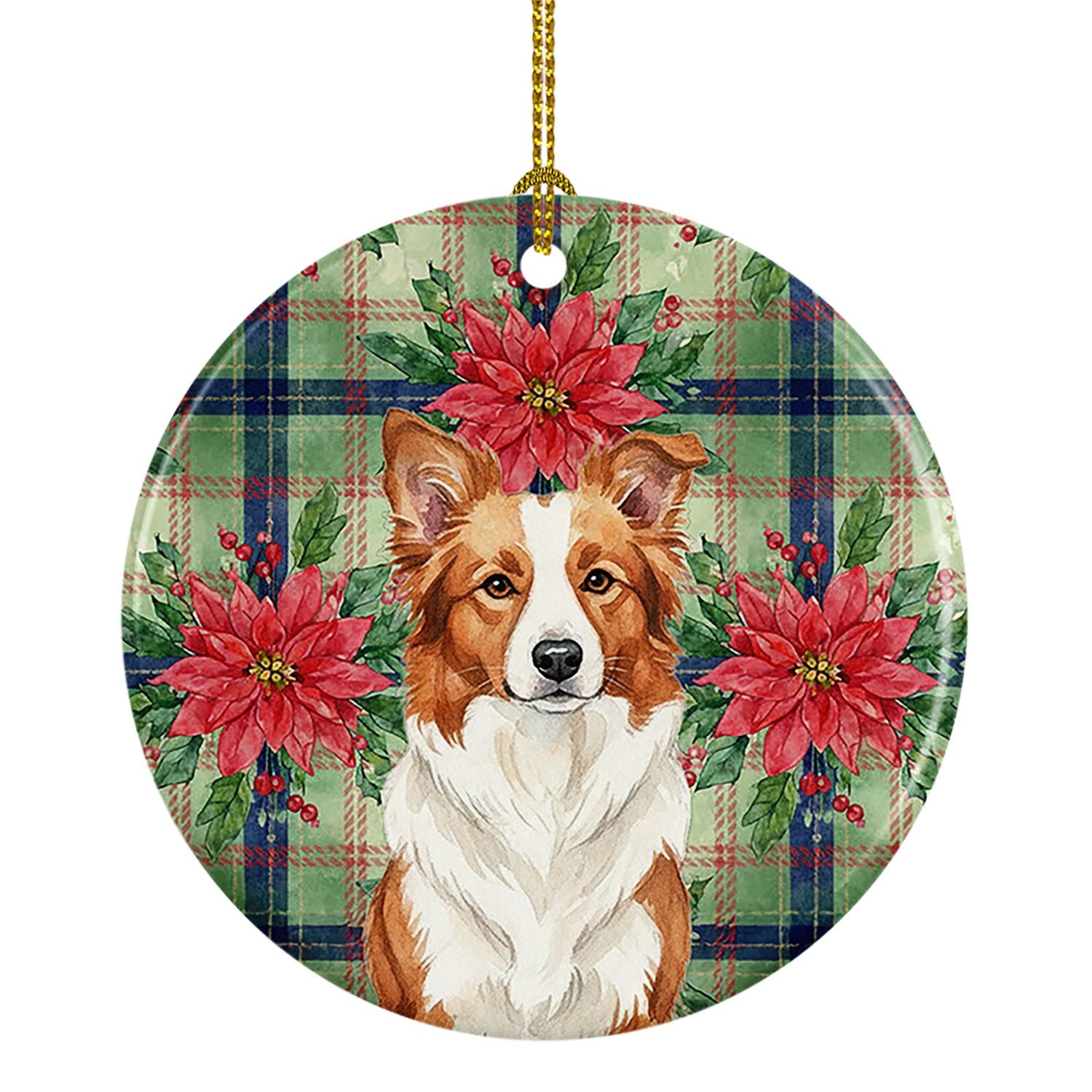 Red and White Border Collie Christmas PoinsettIas Ceramic Ornament Christmas Tree Hanging Decorations for Home Christmas Holiday