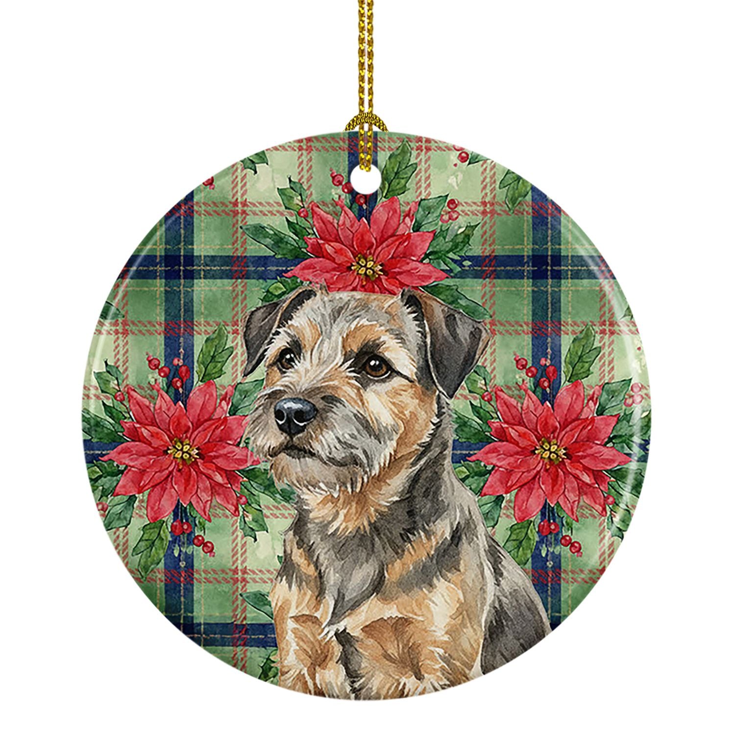 Grizzle and Tan Border Terrier Christmas PoinsettIas Ceramic Ornament Christmas Tree Hanging Decorations for Home Christmas Holi