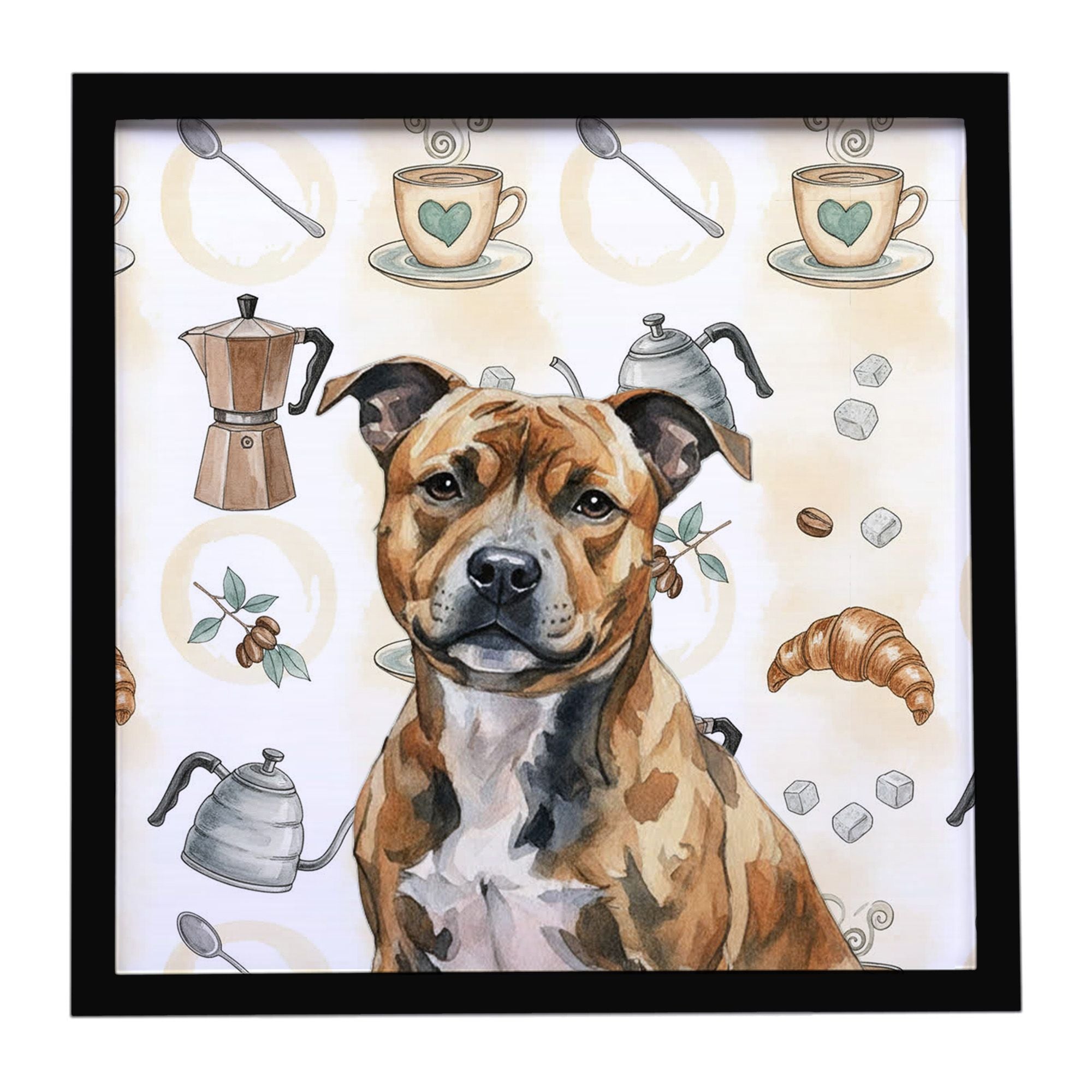 Brindle Staffordshire Bull Terrier Coffee Bar Framed Metal Print Bathroom, Kitchen, Office, Home Decor Wall Art Ready to Hang, S