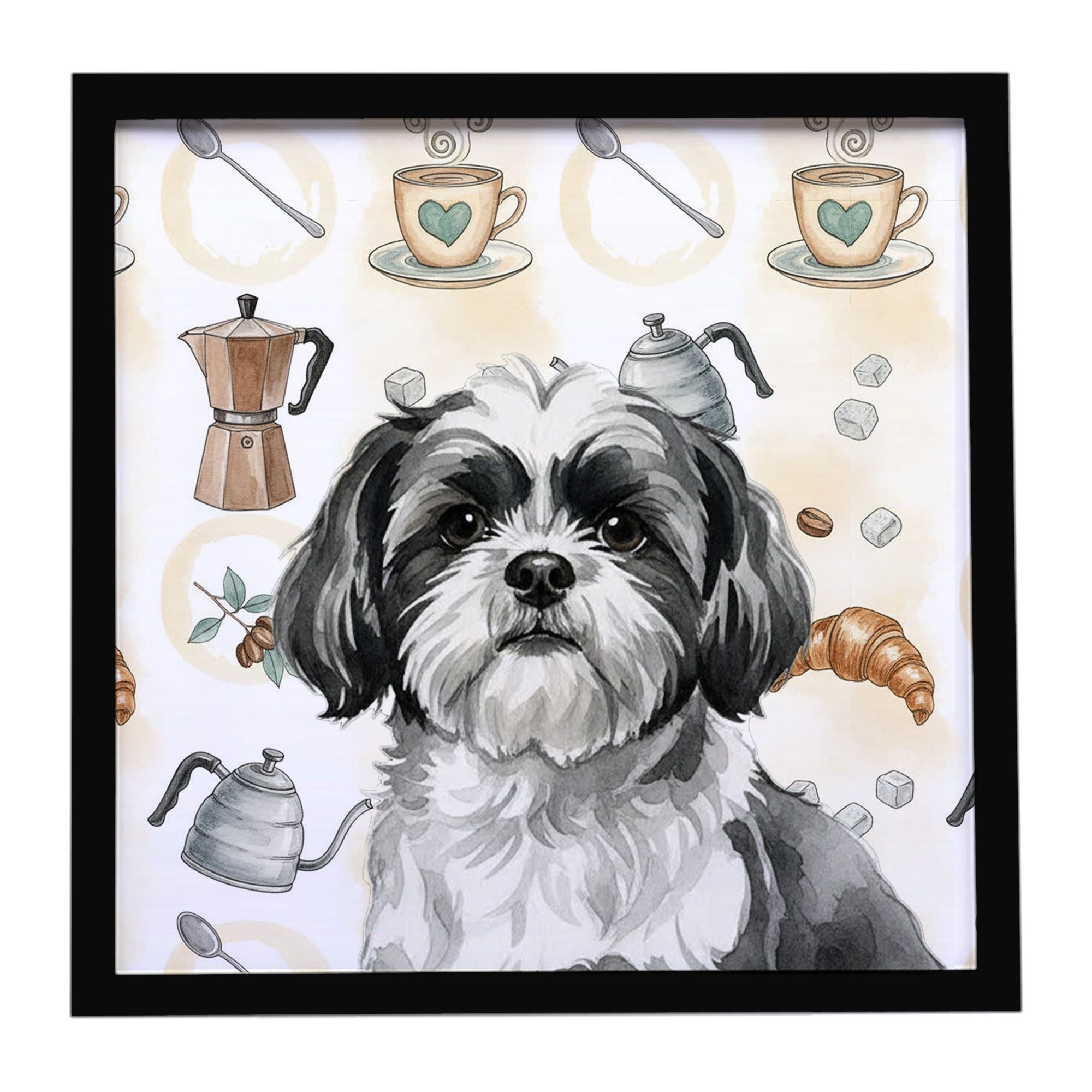 Black and White Shih Tzu Coffee Bar Framed Metal Print Bathroom, Kitchen, Office, Home Decor Wall Art Ready to Hang, Square, 8X8