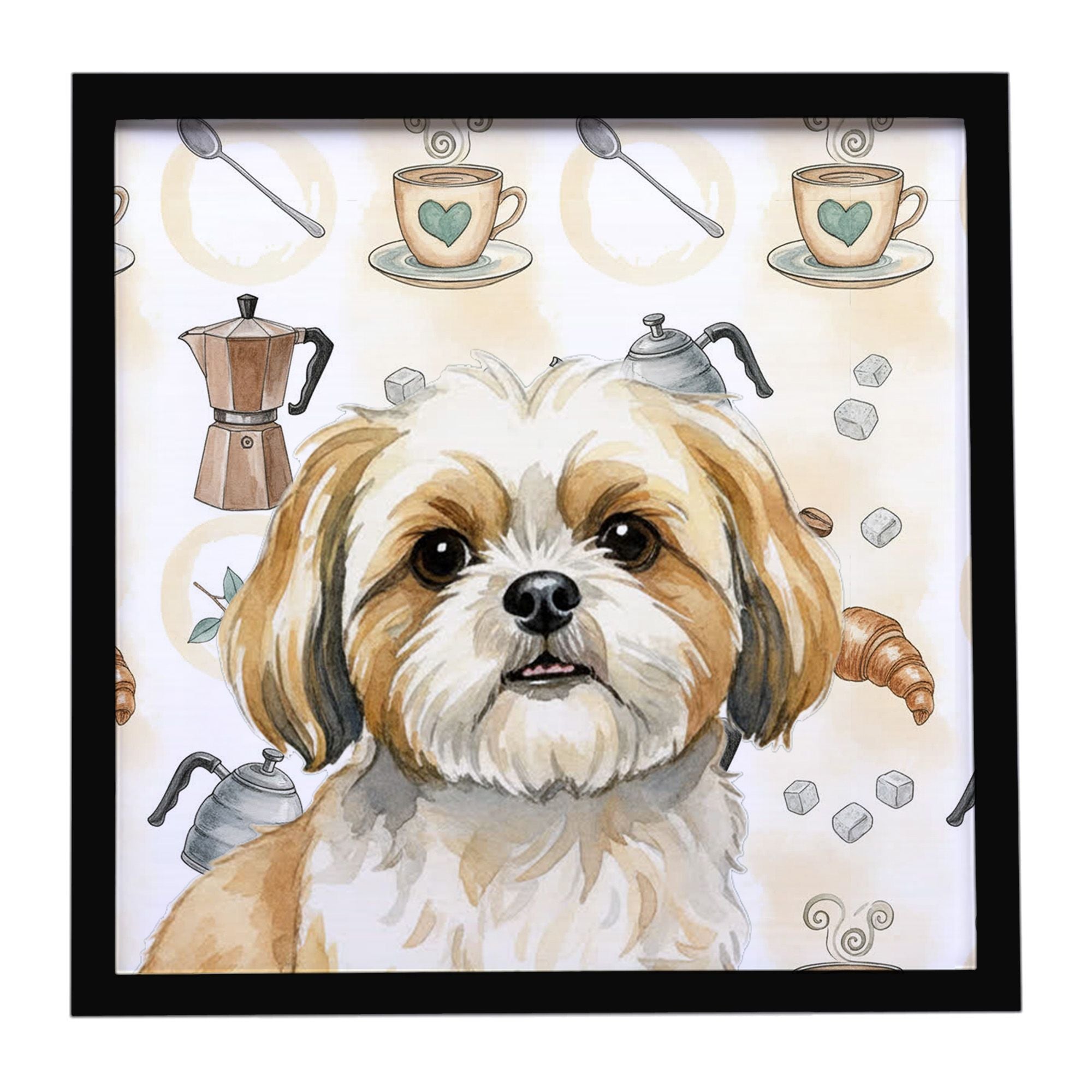 Gold and White Shih Tzu Coffee Bar Framed Metal Print Bathroom, Kitchen, Office, Home Decor Wall Art Ready to Hang, Square, 8X8
