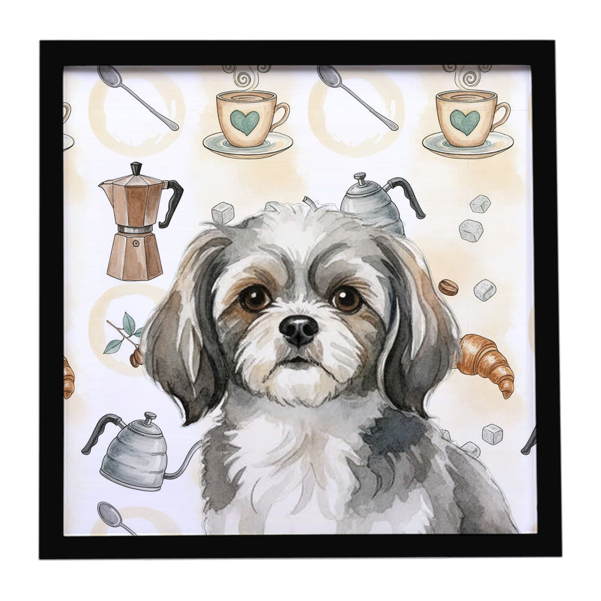 Grey and White Tibetan Spaniel Coffee Bar Framed Metal Print Bathroom, Kitchen, Office, Home Decor Wall Art Ready to Hang, Squar