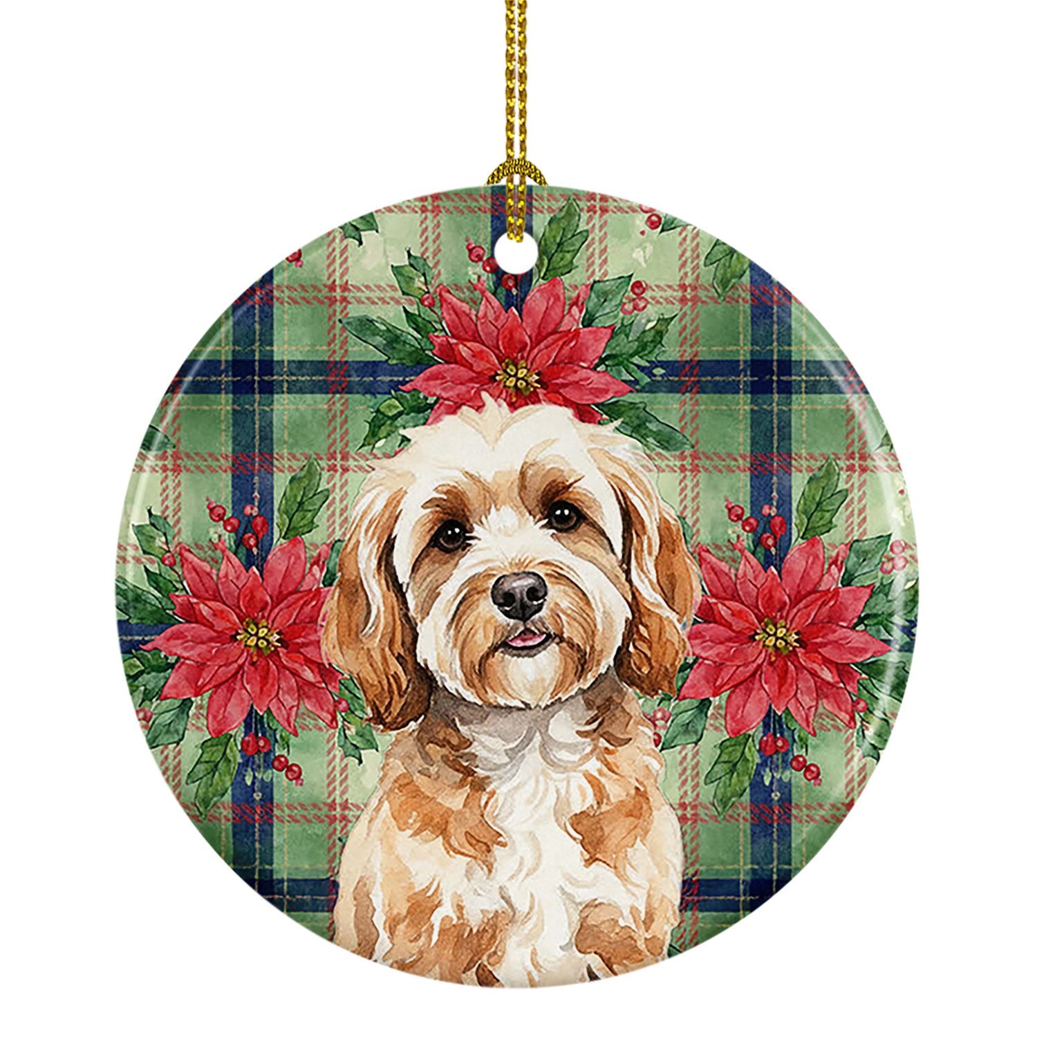 Cavapoo Christmas PoinsettIas Ceramic Ornament Christmas Tree Hanging Decorations for Home Christmas Holiday, Party, Gift, 3 in,