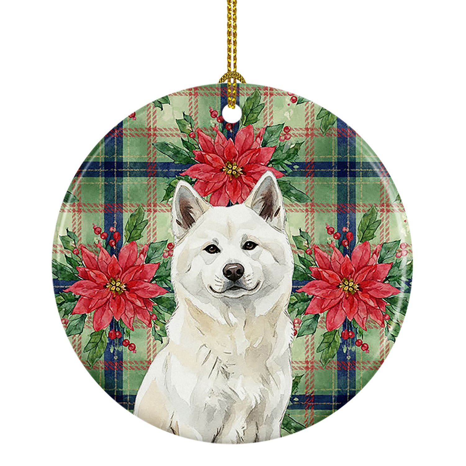 White Akita Christmas PoinsettIas Ceramic Ornament Christmas Tree Hanging Decorations for Home Christmas Holiday, Party, Gift, 3