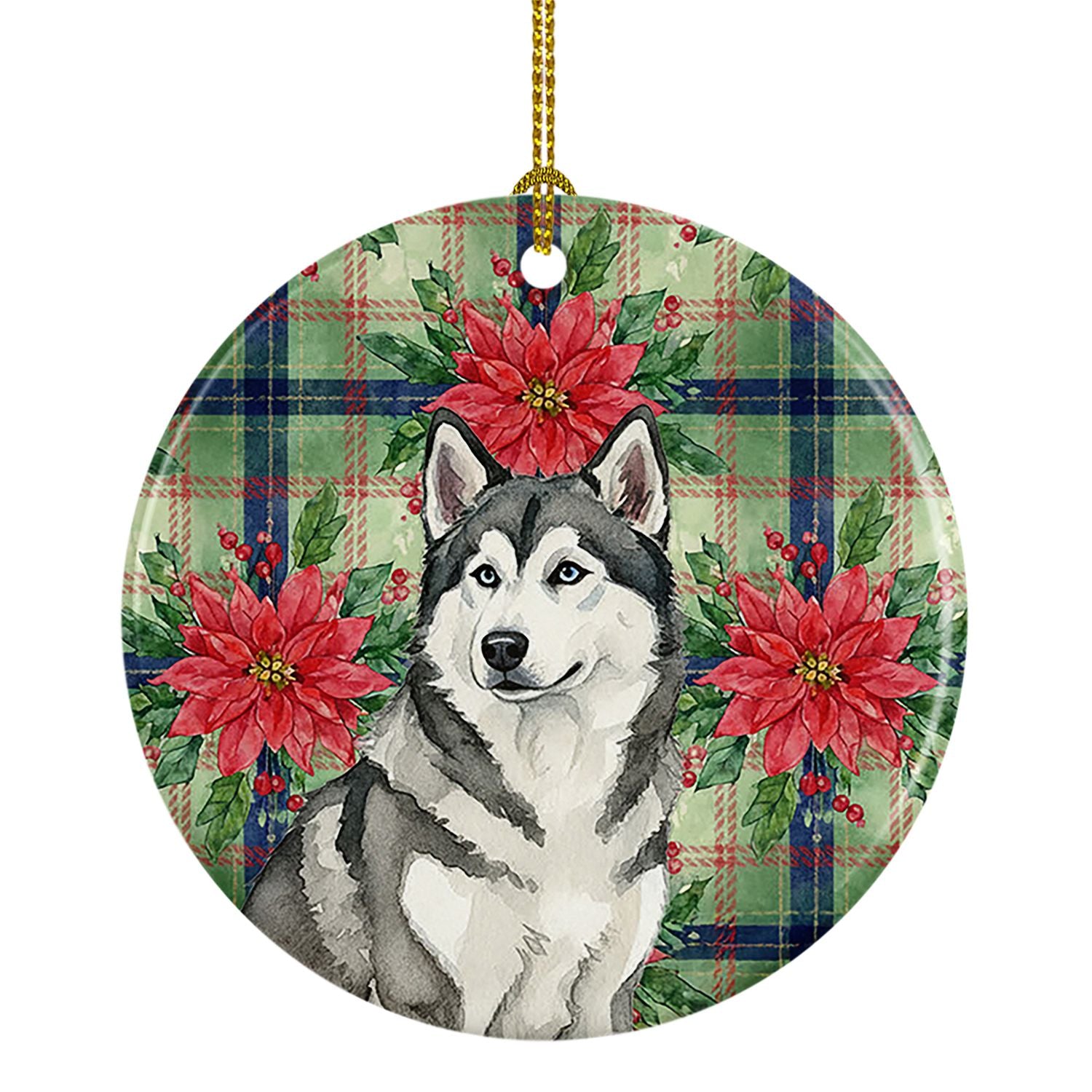 Gray and White Alaskan Malamute Christmas PoinsettIas Ceramic Ornament Christmas Tree Hanging Decorations for Home Christmas Hol