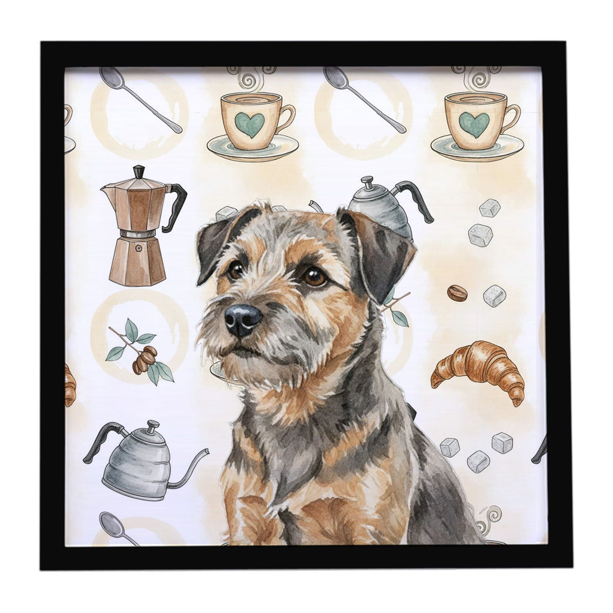 Grizzle and Tan Border Terrier Coffee Bar Framed Metal Print Bathroom, Kitchen, Office, Home Decor Wall Art Ready to Hang, Squar