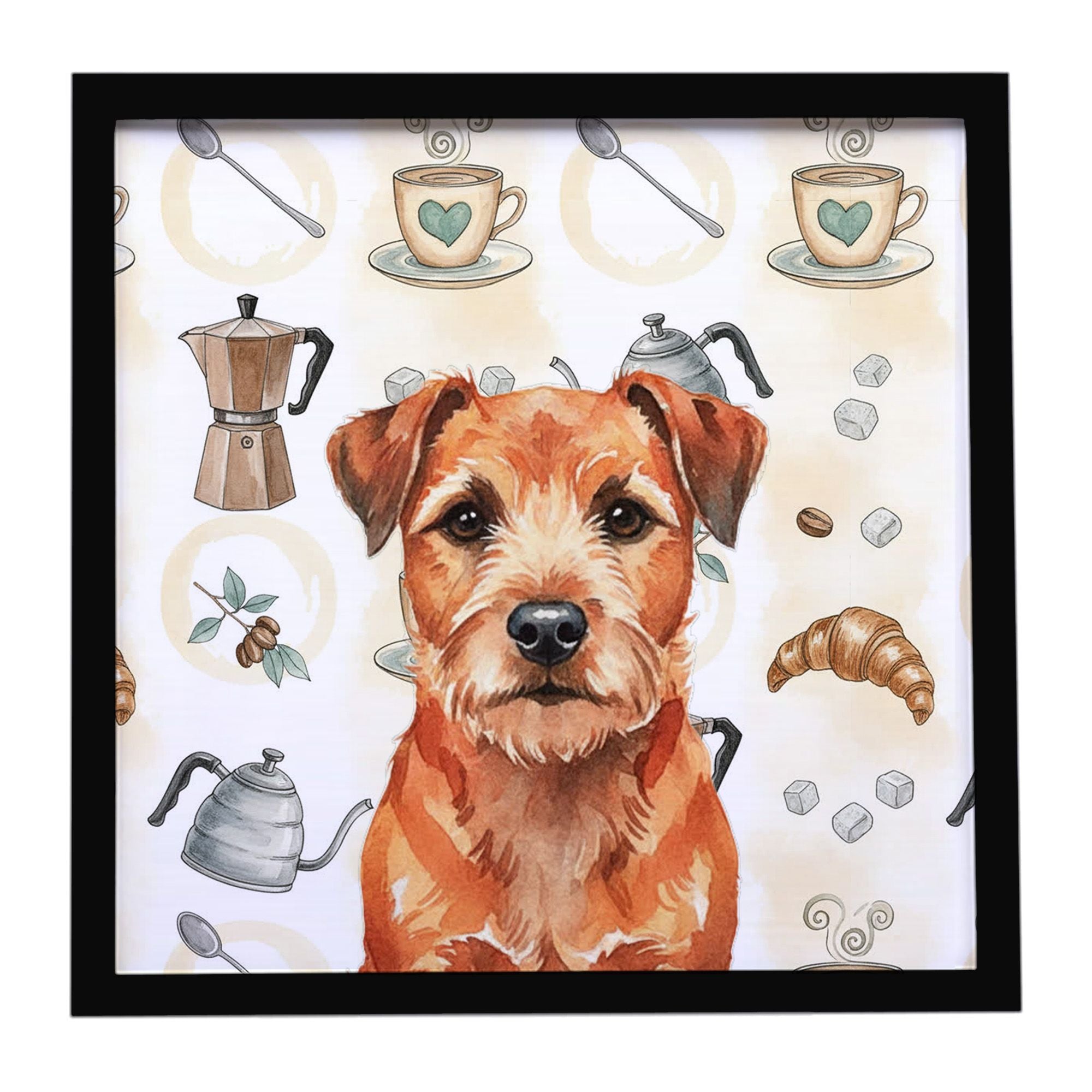 Red Border Terrier Coffee Bar Framed Metal Print Bathroom, Kitchen, Office, Home Decor Wall Art Ready to Hang, Square, 8X8