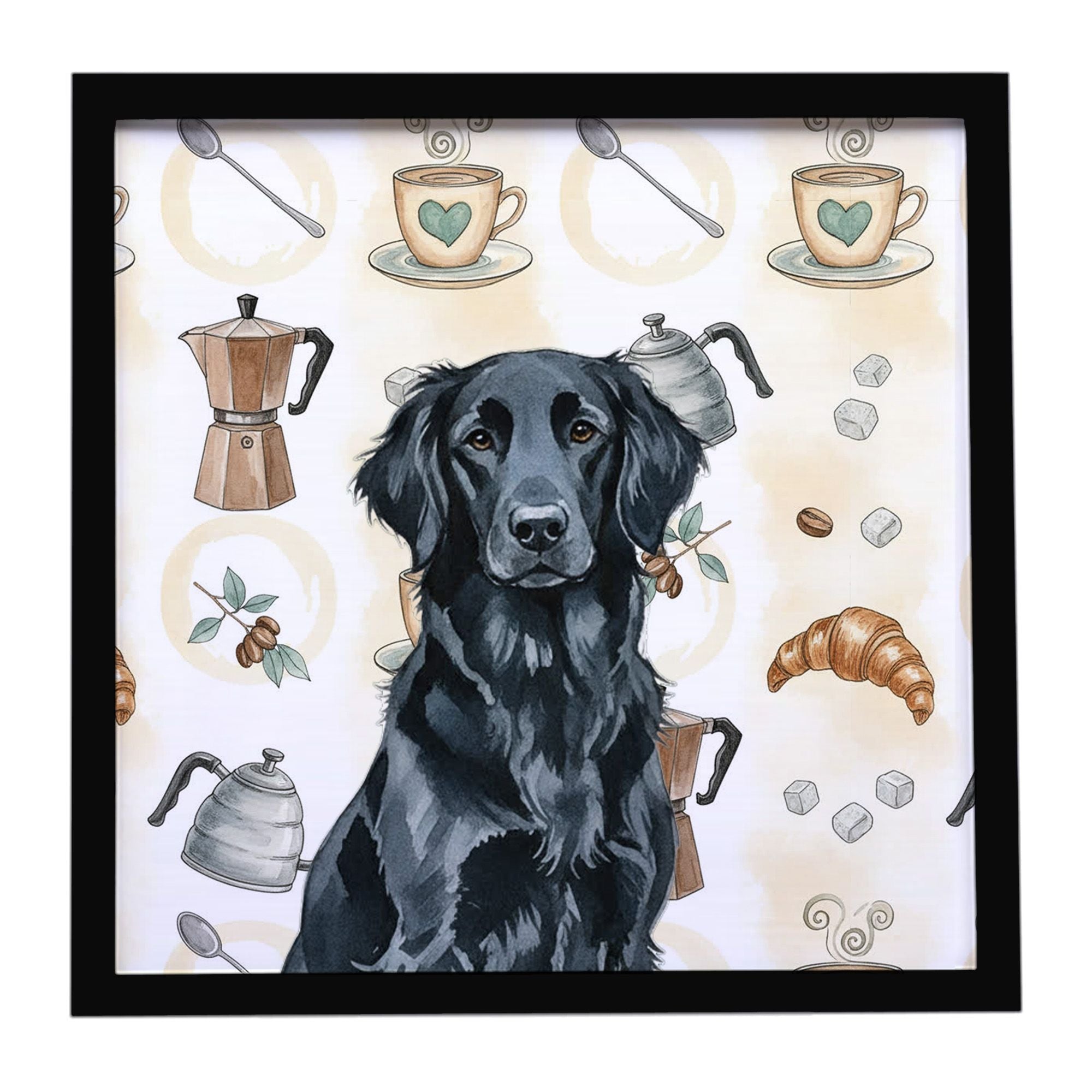 Black Flat-Coated Retriever Coffee Bar Framed Metal Print Bathroom, Kitchen, Office, Home Decor Wall Art Ready to Hang, Square, 