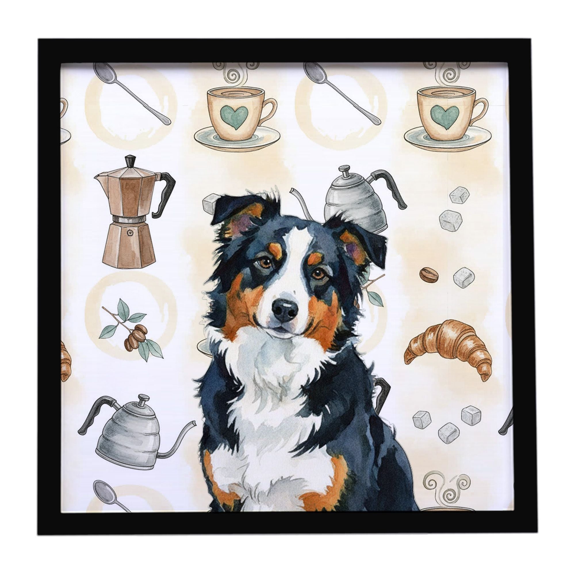 Black Tri American Shepherd Coffee Bar Framed Metal Print Bathroom, Kitchen, Office, Home Decor Wall Art Ready to Hang, Square, 