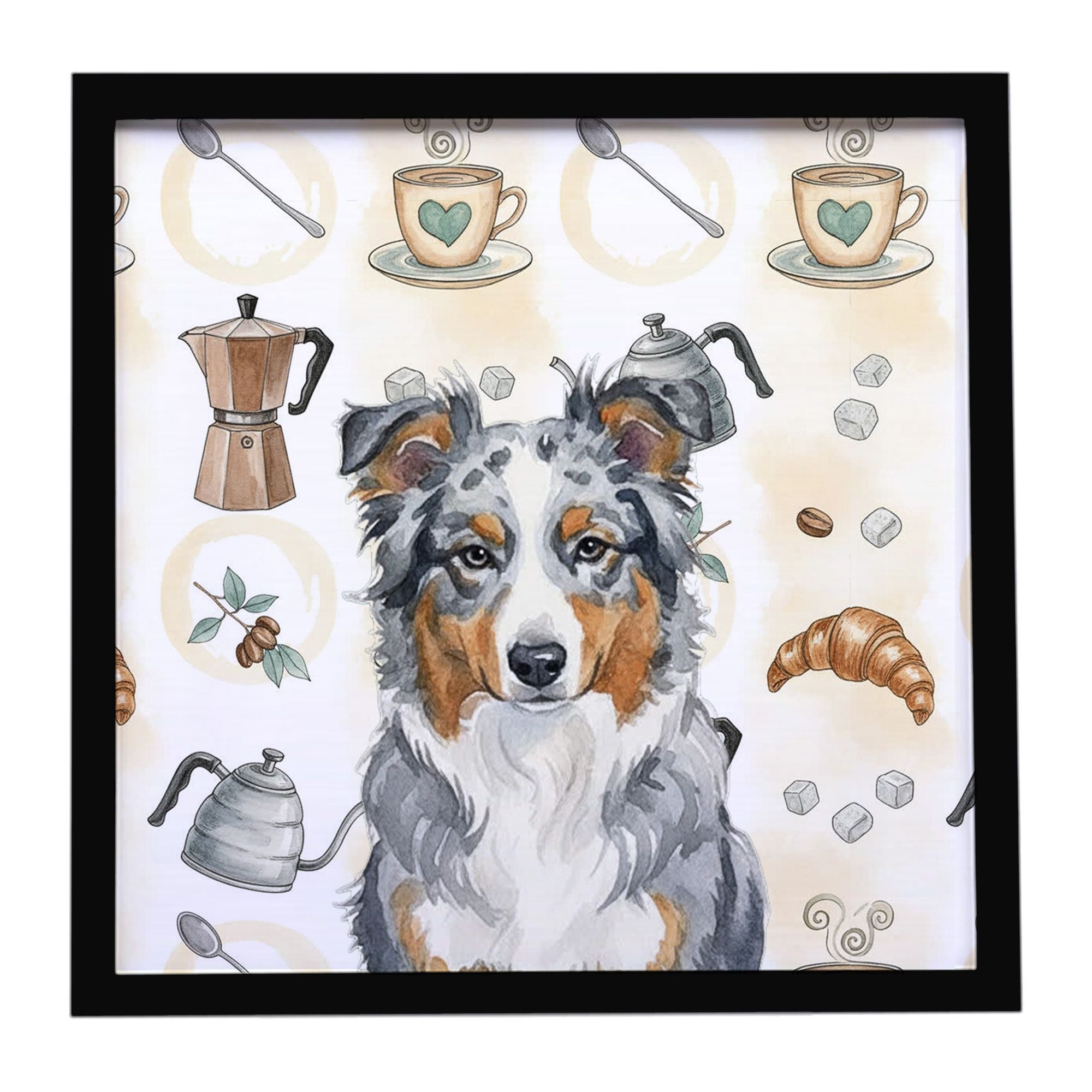 Blue Merle American Shepherd Coffee Bar Framed Metal Print Bathroom, Kitchen, Office, Home Decor Wall Art Ready to Hang, Square,