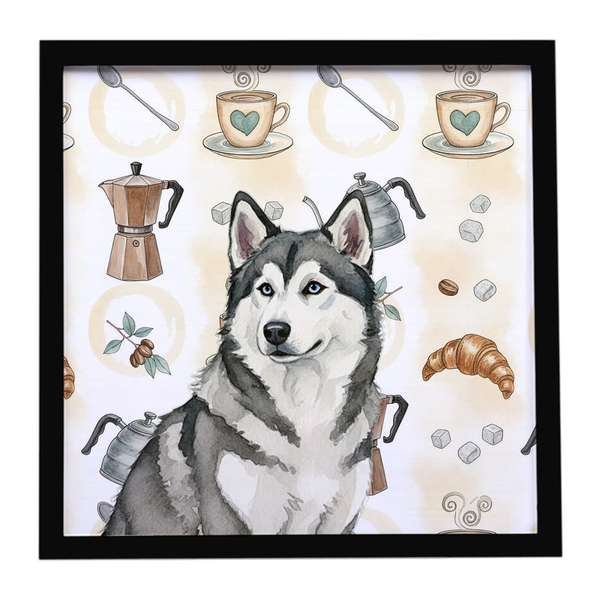 Gray and White Alaskan Malamute Coffee Bar Framed Metal Print Bathroom, Kitchen, Office, Home Decor Wall Art Ready to Hang, Squa