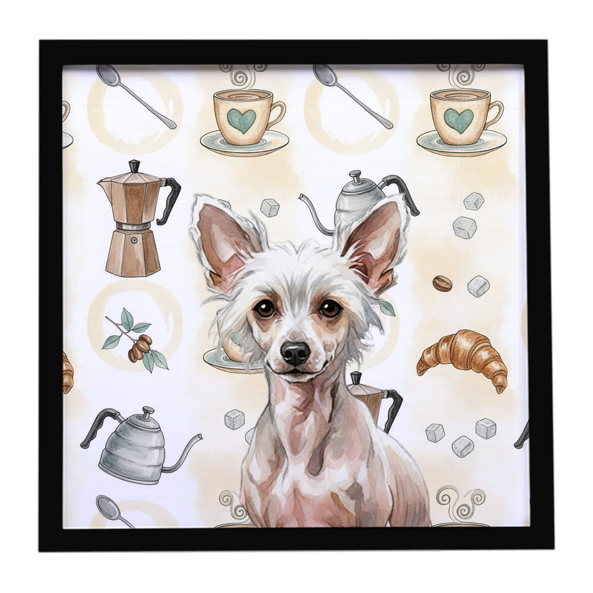 Hairless Chinese Crested Coffee Bar Framed Metal Print Bathroom, Kitchen, Office, Home Decor Wall Art Ready to Hang, Square, 8X8