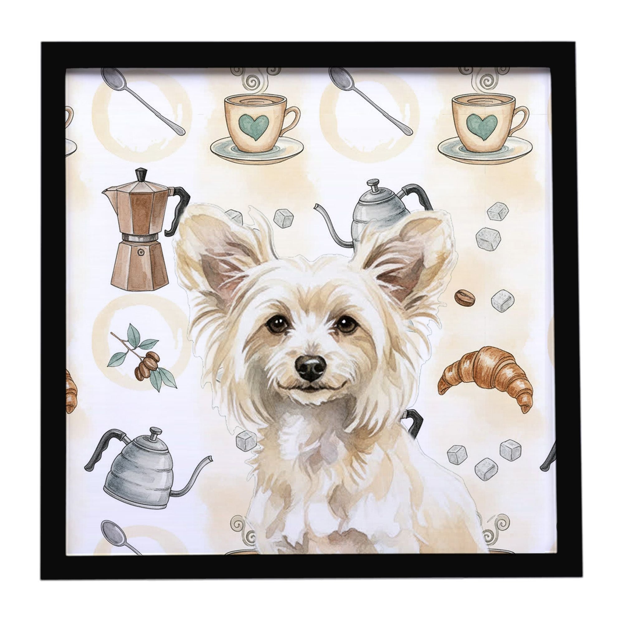 Powderpuff Chinese Crested Coffee Bar Framed Metal Print Bathroom, Kitchen, Office, Home Decor Wall Art Ready to Hang, Square, 8