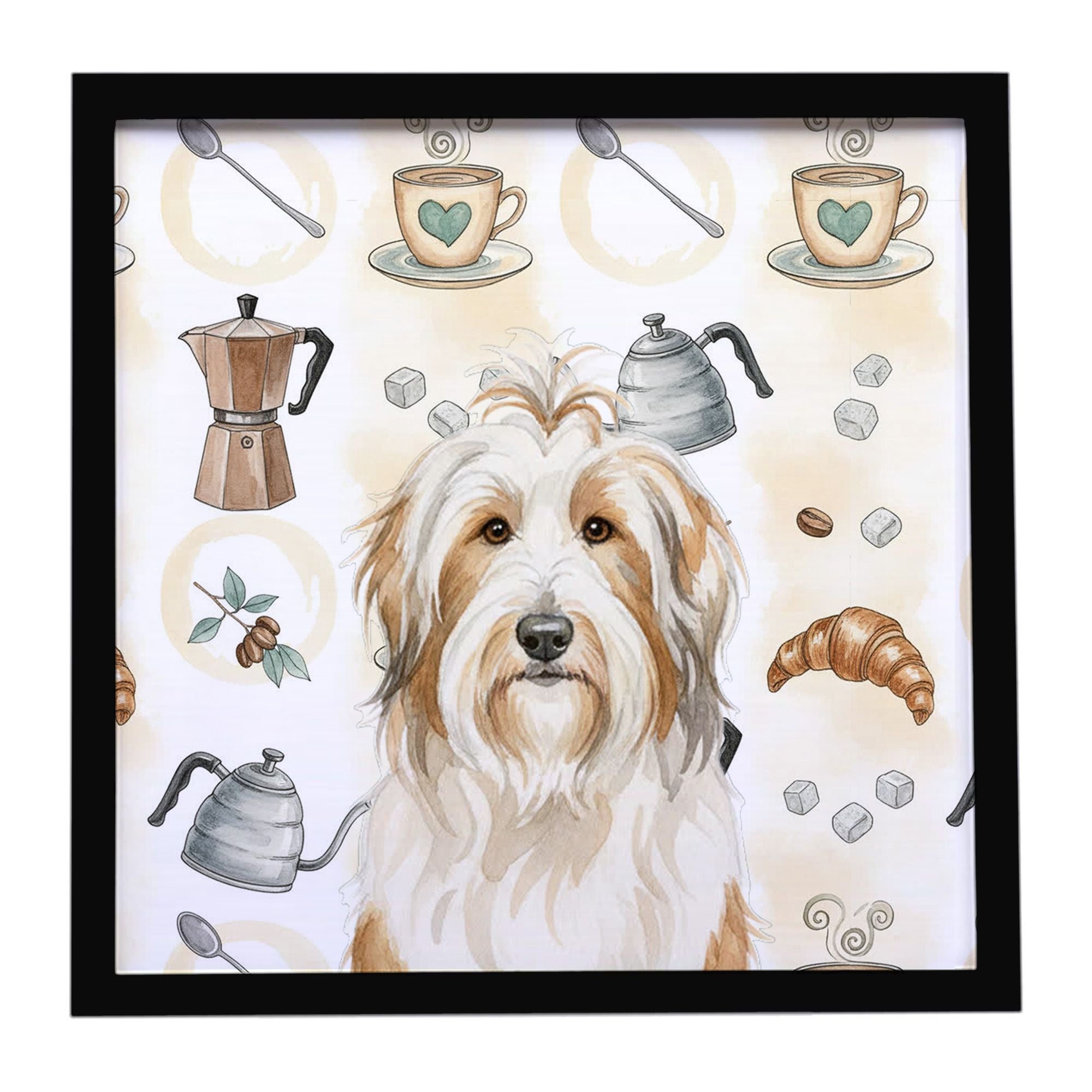 White and Tan Bearded Collie Coffee Bar Framed Metal Print Bathroom, Kitchen, Office, Home Decor Wall Art Ready to Hang, Square,