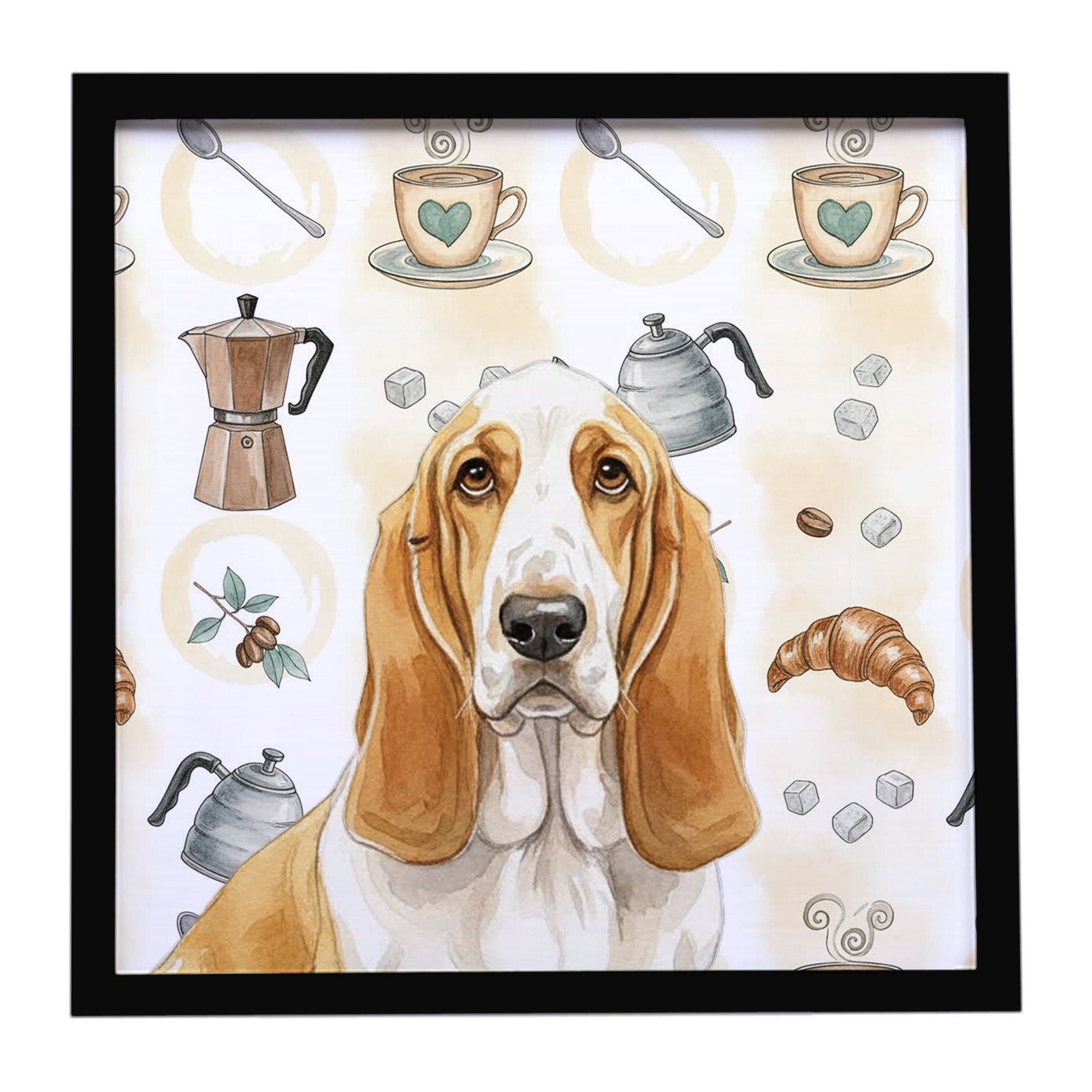 Lemon and White Basset Hound Coffee Bar Framed Metal Print Bathroom, Kitchen, Office, Home Decor Wall Art Ready to Hang, Square,