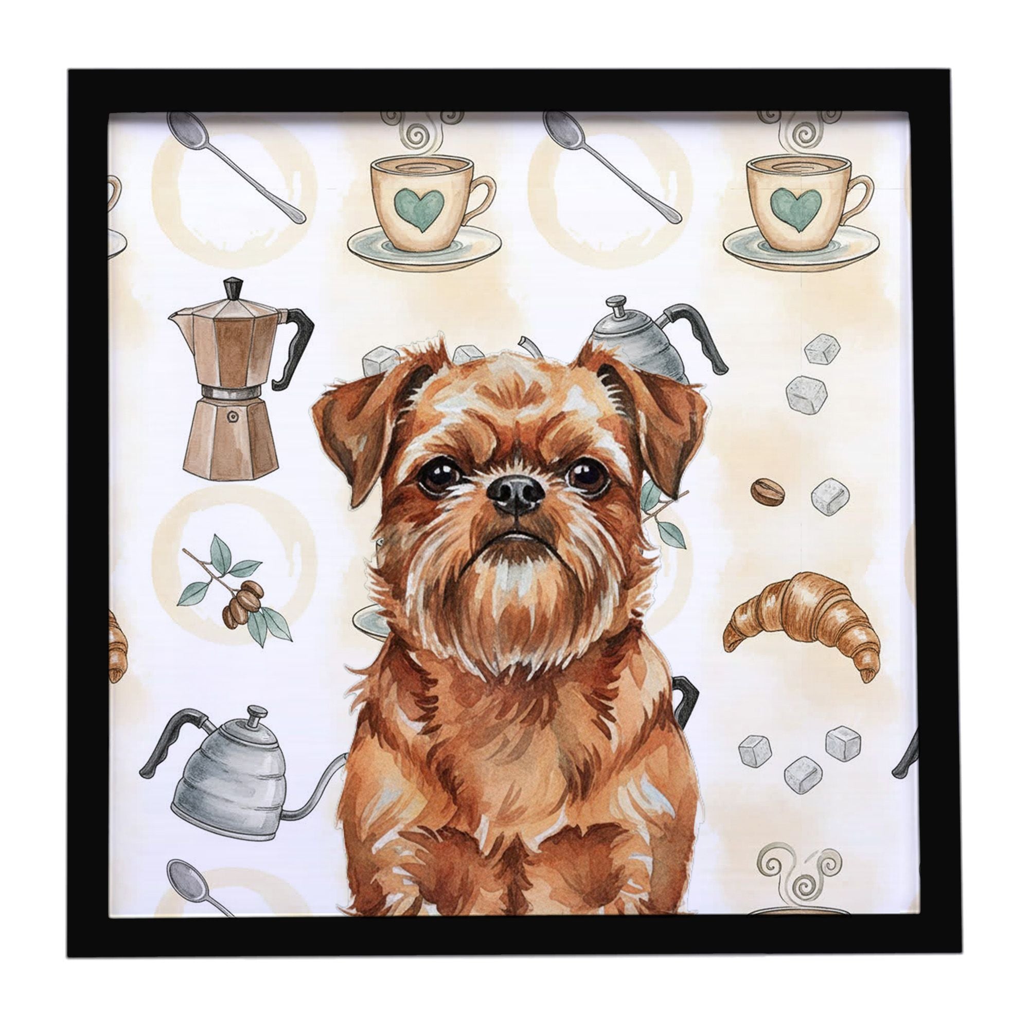 Red Brussels Griffon Coffee Bar Framed Metal Print Bathroom, Kitchen, Office, Home Decor Wall Art Ready to Hang, Square, 8X8