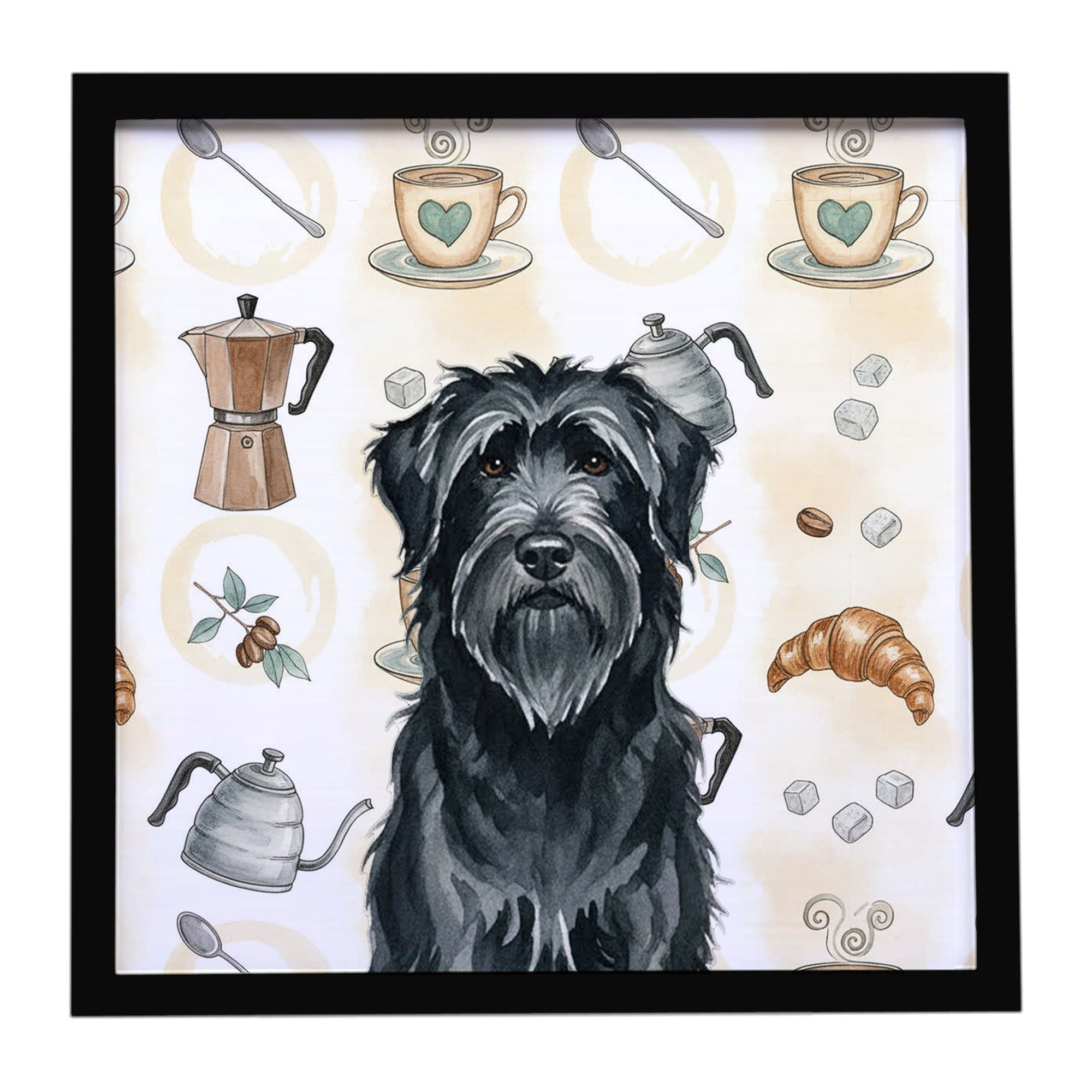 Black Briard Coffee Bar Framed Metal Print Bathroom, Kitchen, Office, Home Decor Wall Art Ready to Hang, Square, 8X8