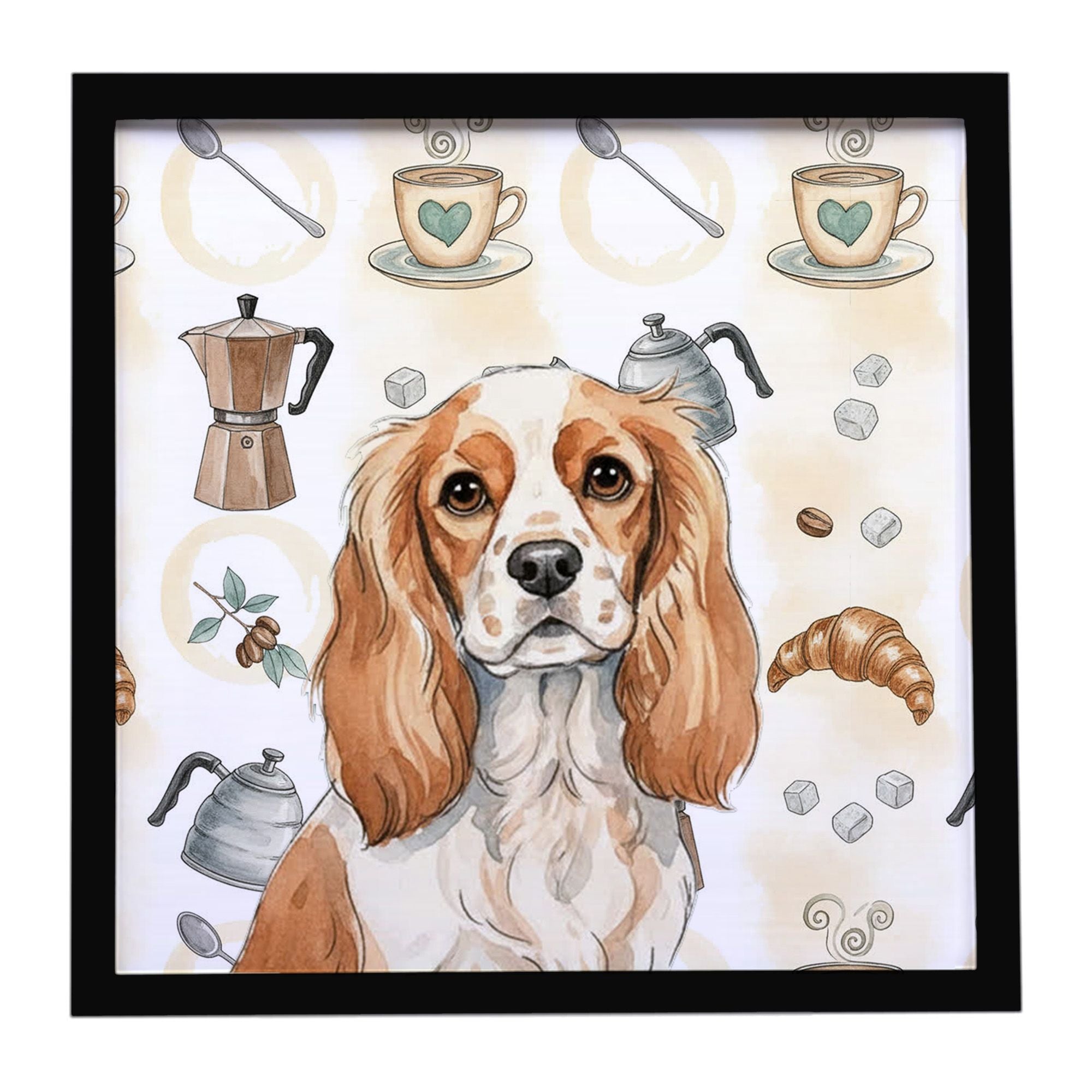 Blenheim Cavalier Spaniel Coffee Bar Framed Metal Print Bathroom, Kitchen, Office, Home Decor Wall Art Ready to Hang, Square, 8X