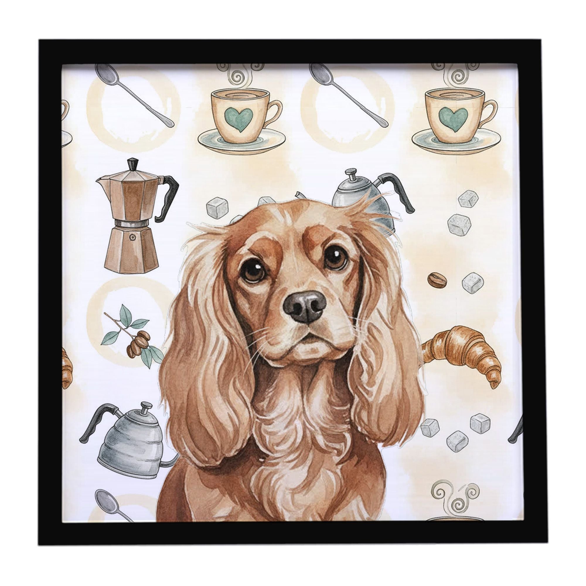 Ruby Cavalier Spaniel Coffee Bar Framed Metal Print Bathroom, Kitchen, Office, Home Decor Wall Art Ready to Hang, Square, 8X8