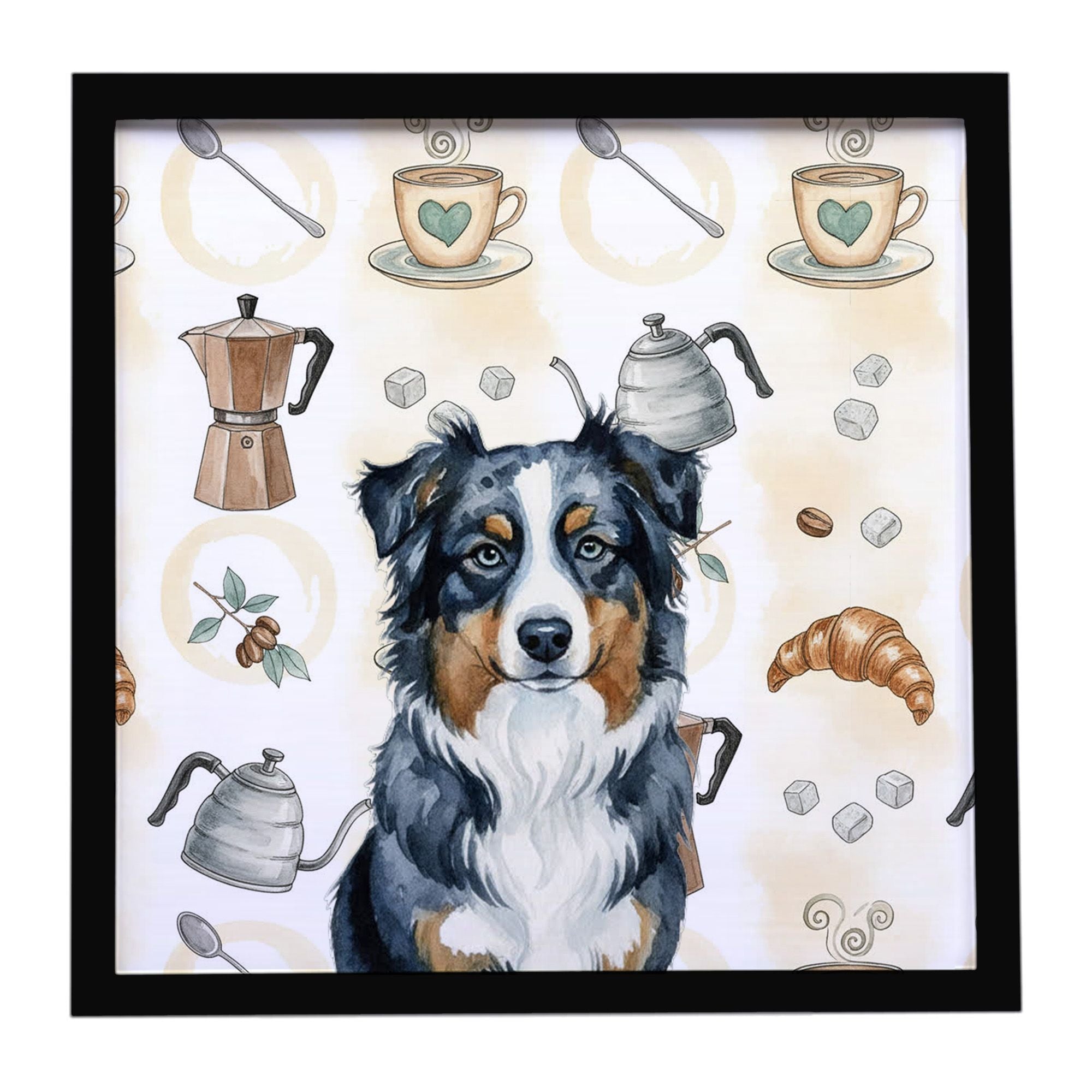 Black Australian Shepherd Coffee Bar Framed Metal Print Bathroom, Kitchen, Office, Home Decor Wall Art Ready to Hang, Square, 8X