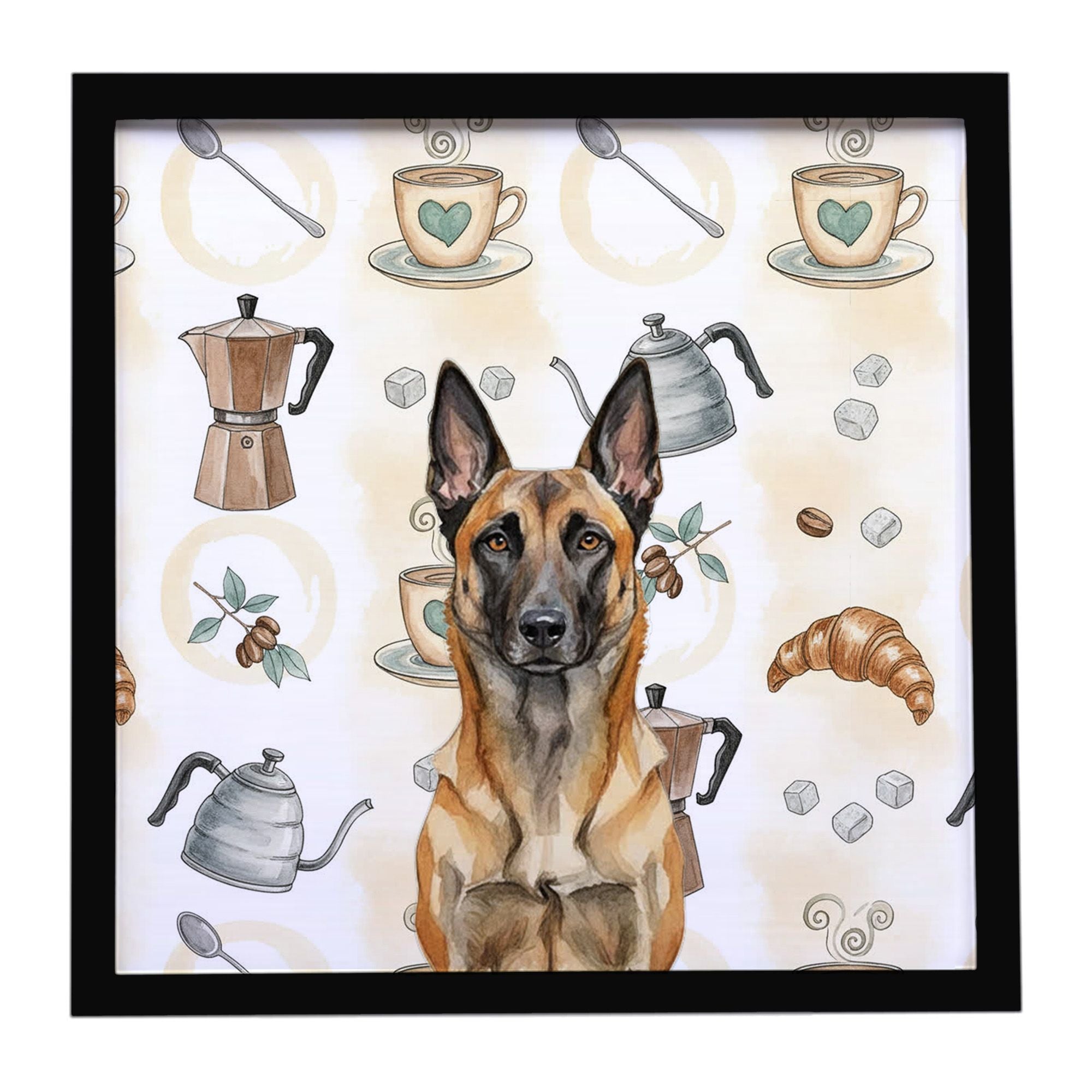 Belgian Malinois Coffee Bar Framed Metal Print Bathroom, Kitchen, Office, Home Decor Wall Art Ready to Hang, Square, 8X8
