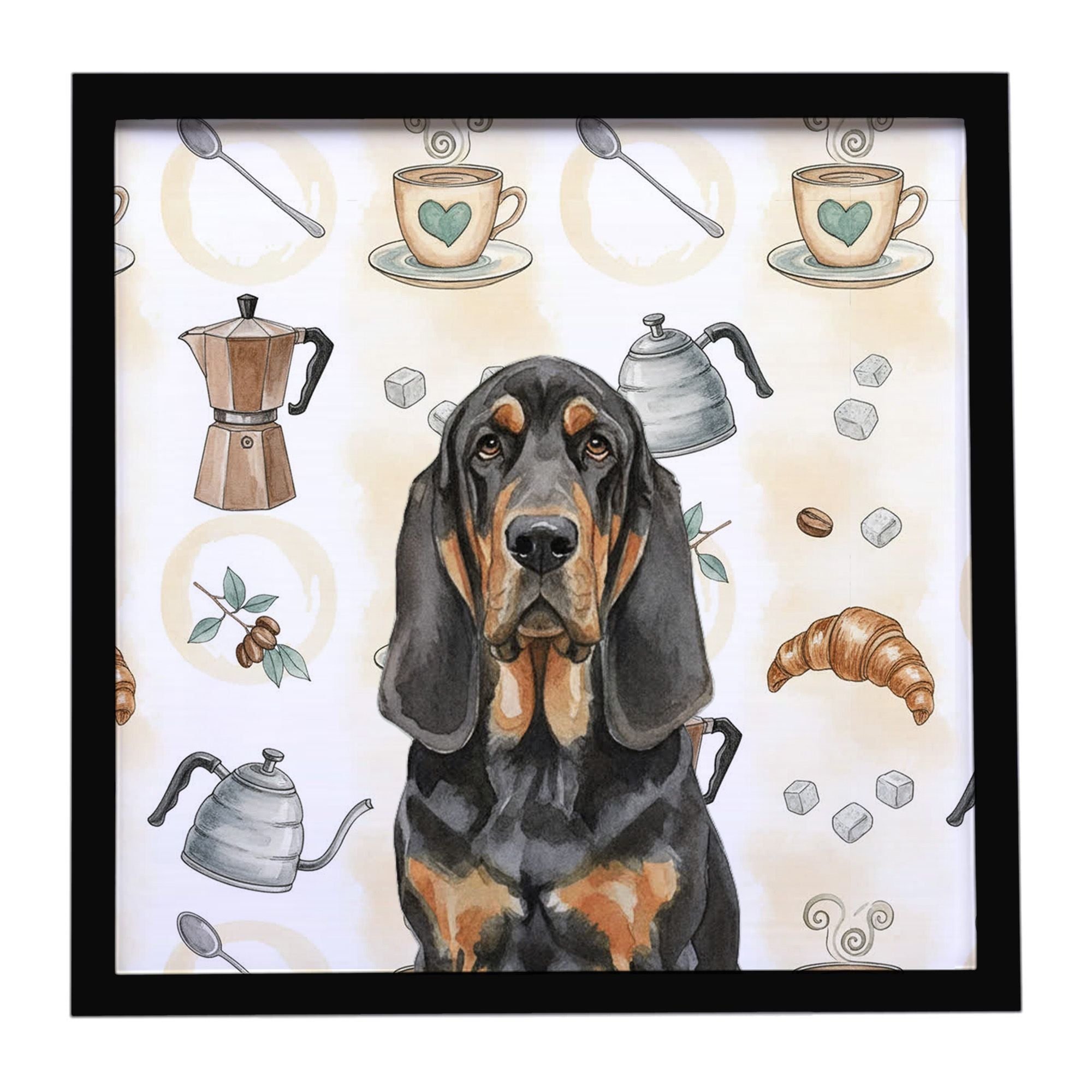 Black and Tan Bloodhound Coffee Bar Framed Metal Print Bathroom, Kitchen, Office, Home Decor Wall Art Ready to Hang, Square, 8X8
