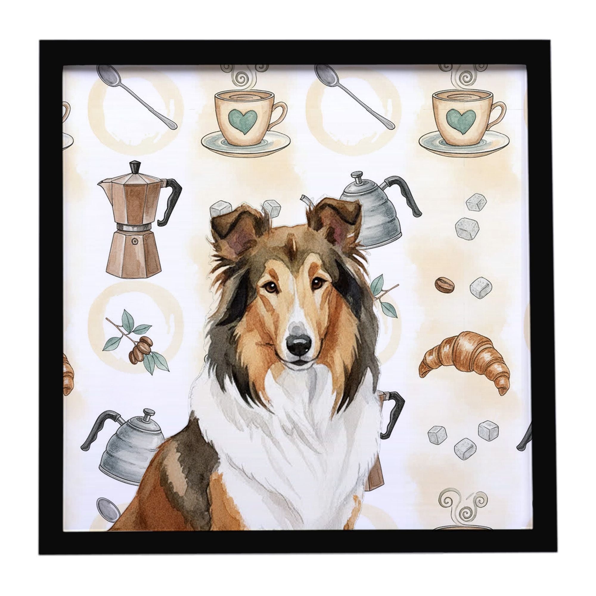 Sable Collie Coffee Bar Framed Metal Print Bathroom, Kitchen, Office, Home Decor Wall Art Ready to Hang, Square, 8X8