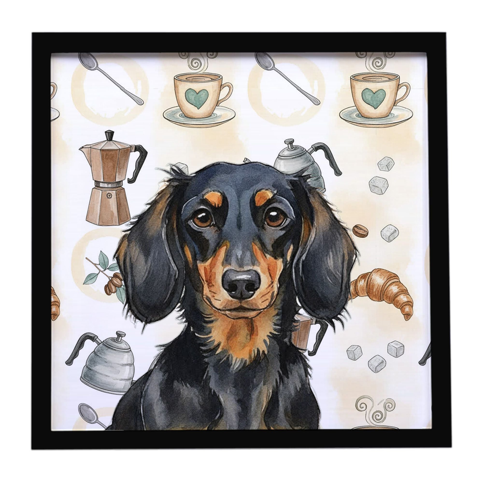 Longhaired Black and Tan Dachshund Coffee Bar Framed Metal Print Bathroom, Kitchen, Office, Home Decor Wall Art Ready to Hang, S