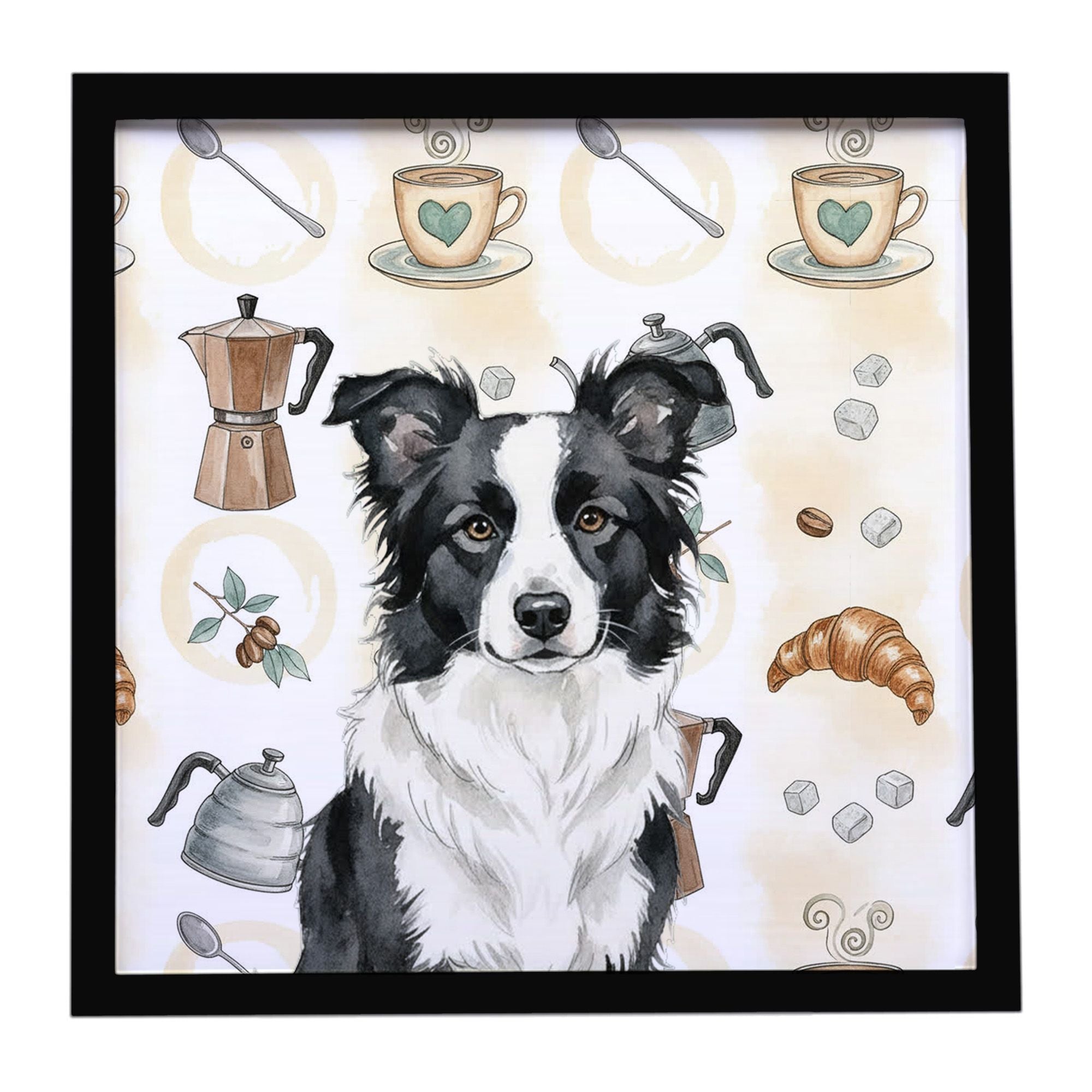 Border Collie Coffee Bar Framed Metal Print Bathroom, Kitchen, Office, Home Decor Wall Art Ready to Hang, Square, 8X8