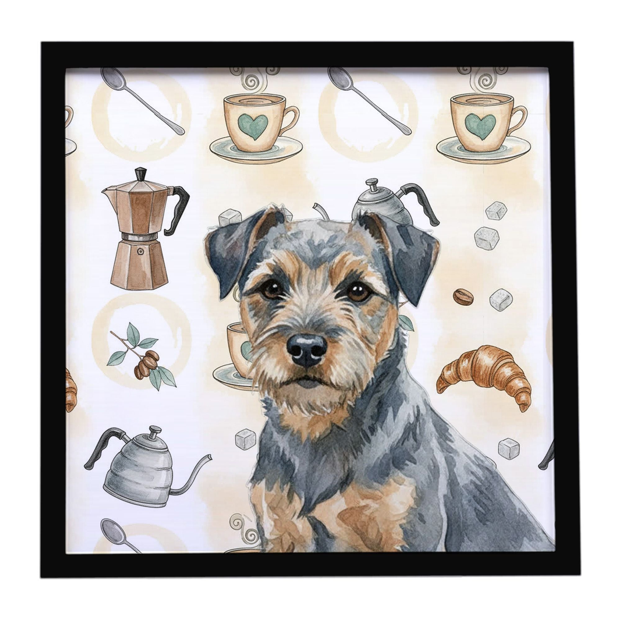 Blue and Tan Border Terrier Coffee Bar Framed Metal Print Bathroom, Kitchen, Office, Home Decor Wall Art Ready to Hang, Square, 