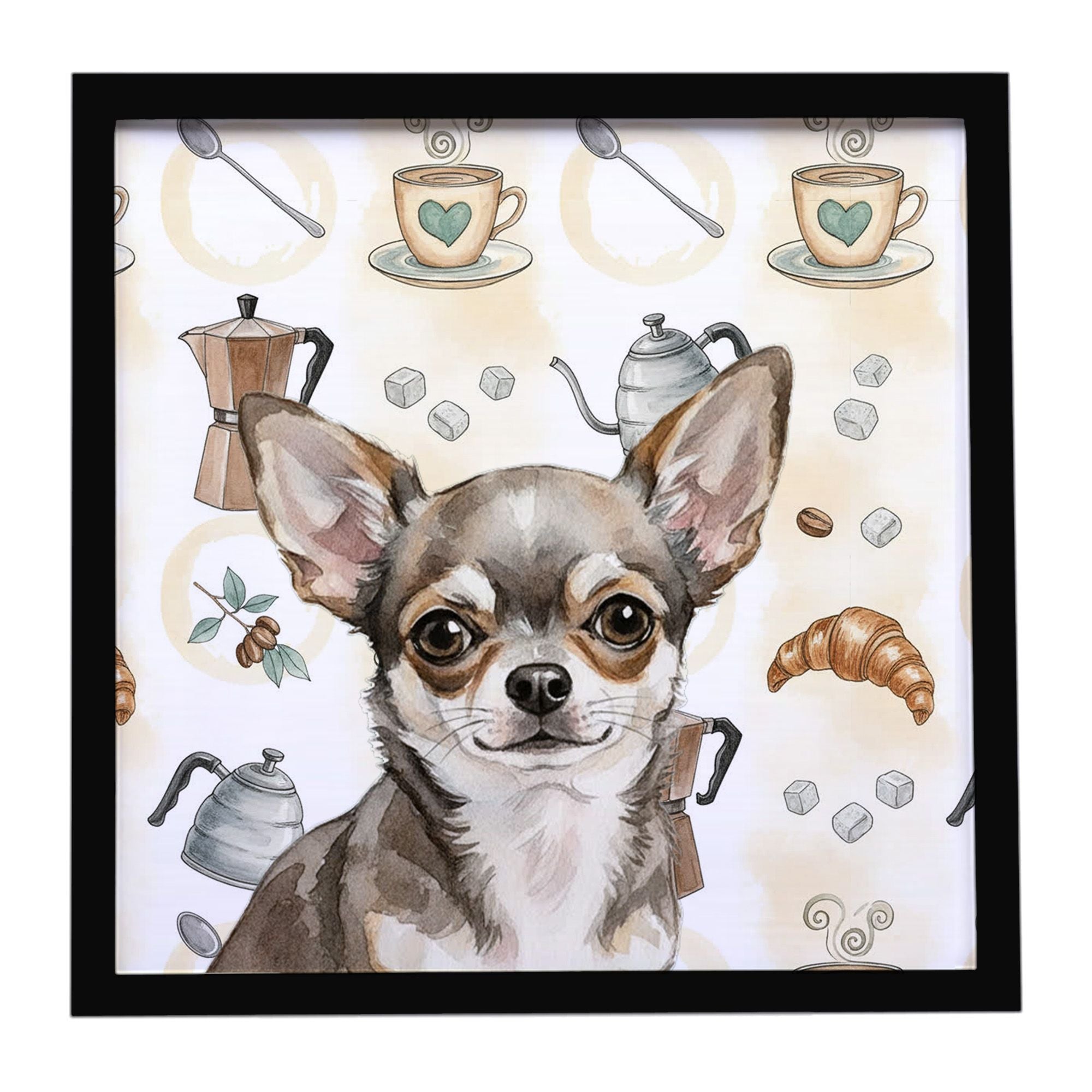 Chihuahua Coffee Bar Framed Metal Print Bathroom, Kitchen, Office, Home Decor Wall Art Ready to Hang, Square, 8X8
