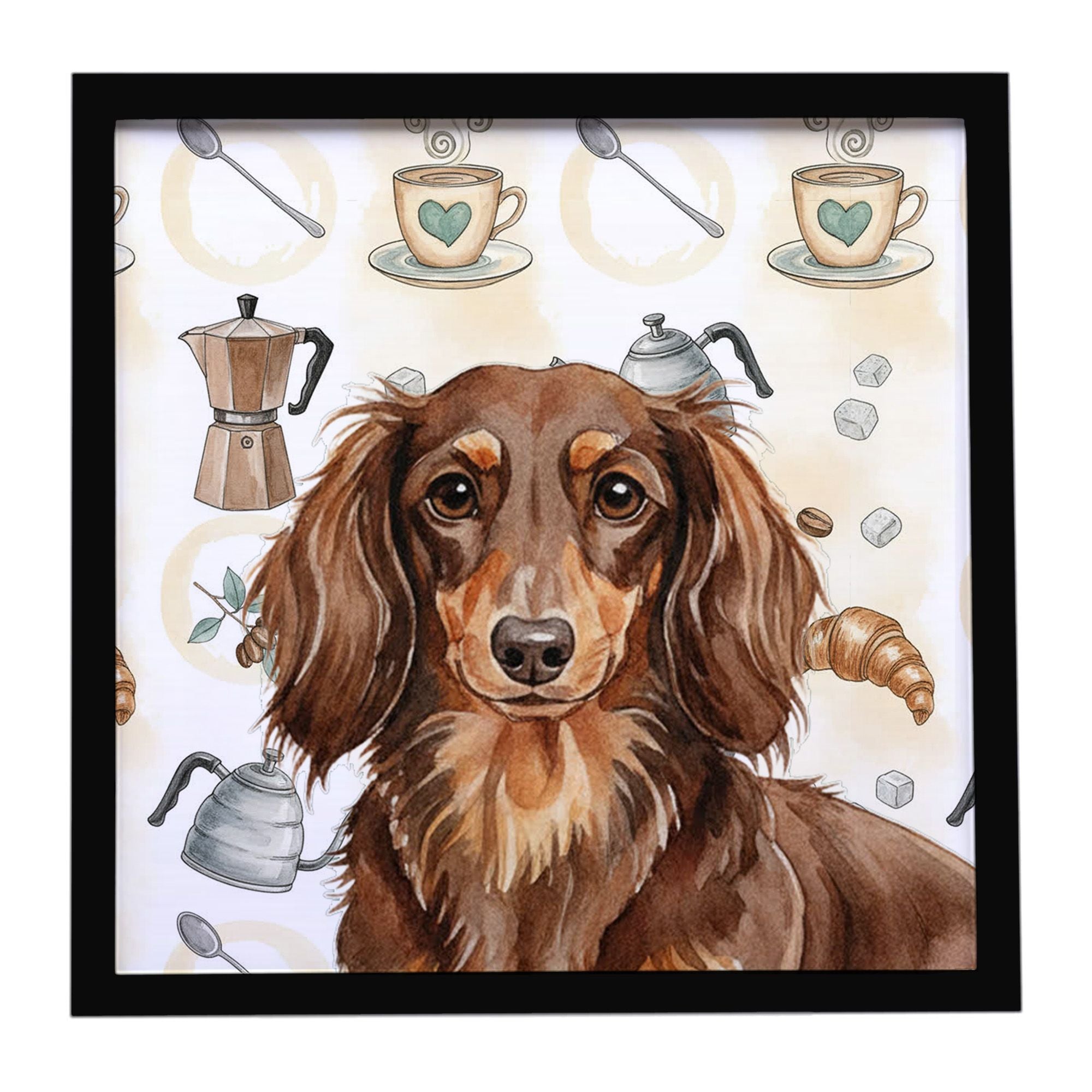 Longhaired Chocolate and Tan Dachshund Coffee Bar Framed Metal Print Bathroom, Kitchen, Office, Home Decor Wall Art Ready to Han