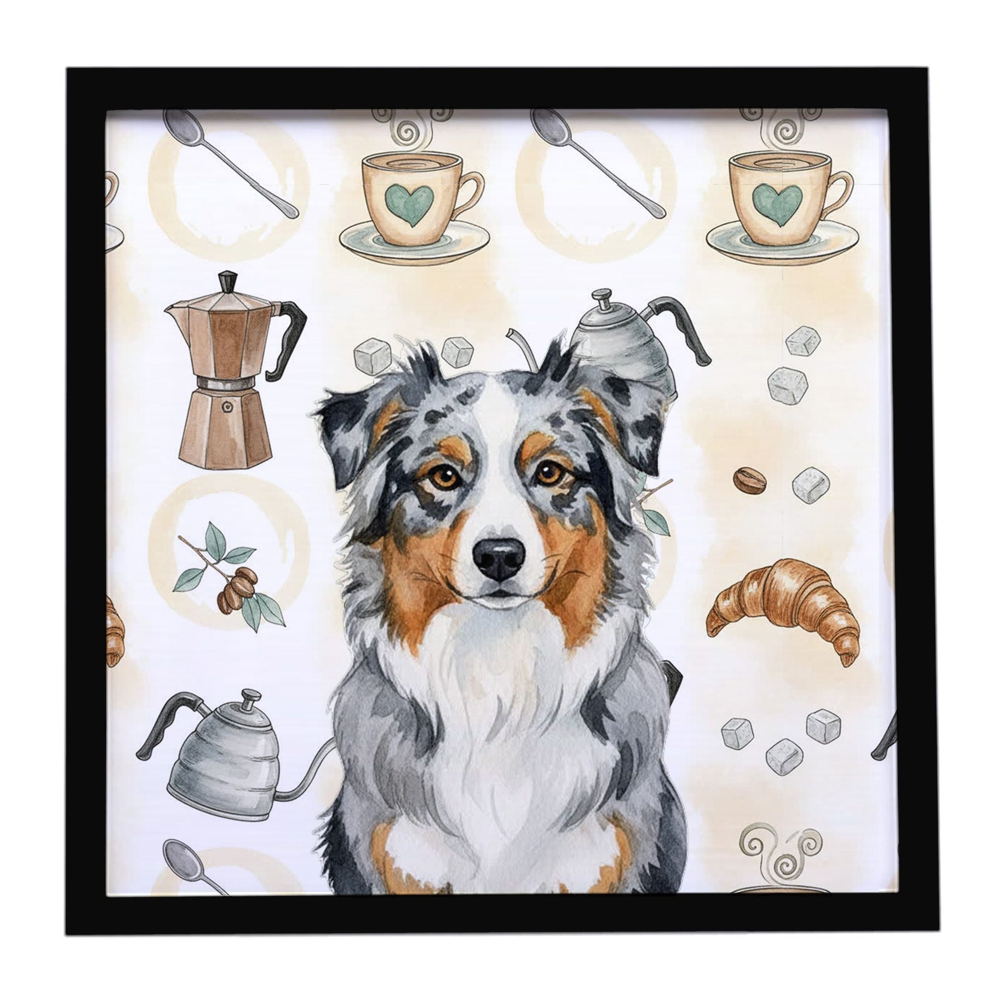 Blue Merle Australian Shepherd Coffee Bar Framed Metal Print Bathroom, Kitchen, Office, Home Decor Wall Art Ready to Hang, Squar