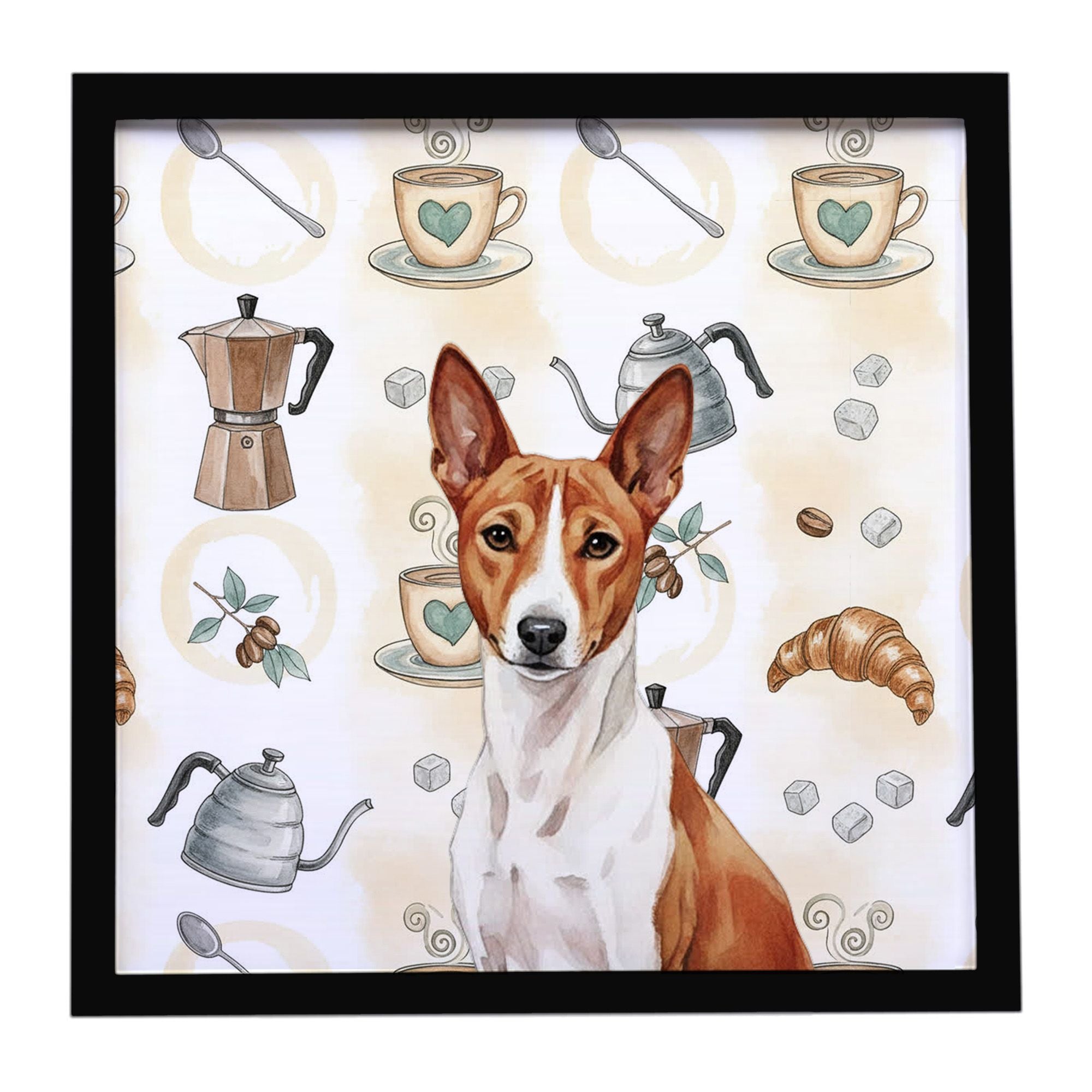 Red and White Basenji Coffee Bar Framed Metal Print Bathroom, Kitchen, Office, Home Decor Wall Art Ready to Hang, Square, 8X8