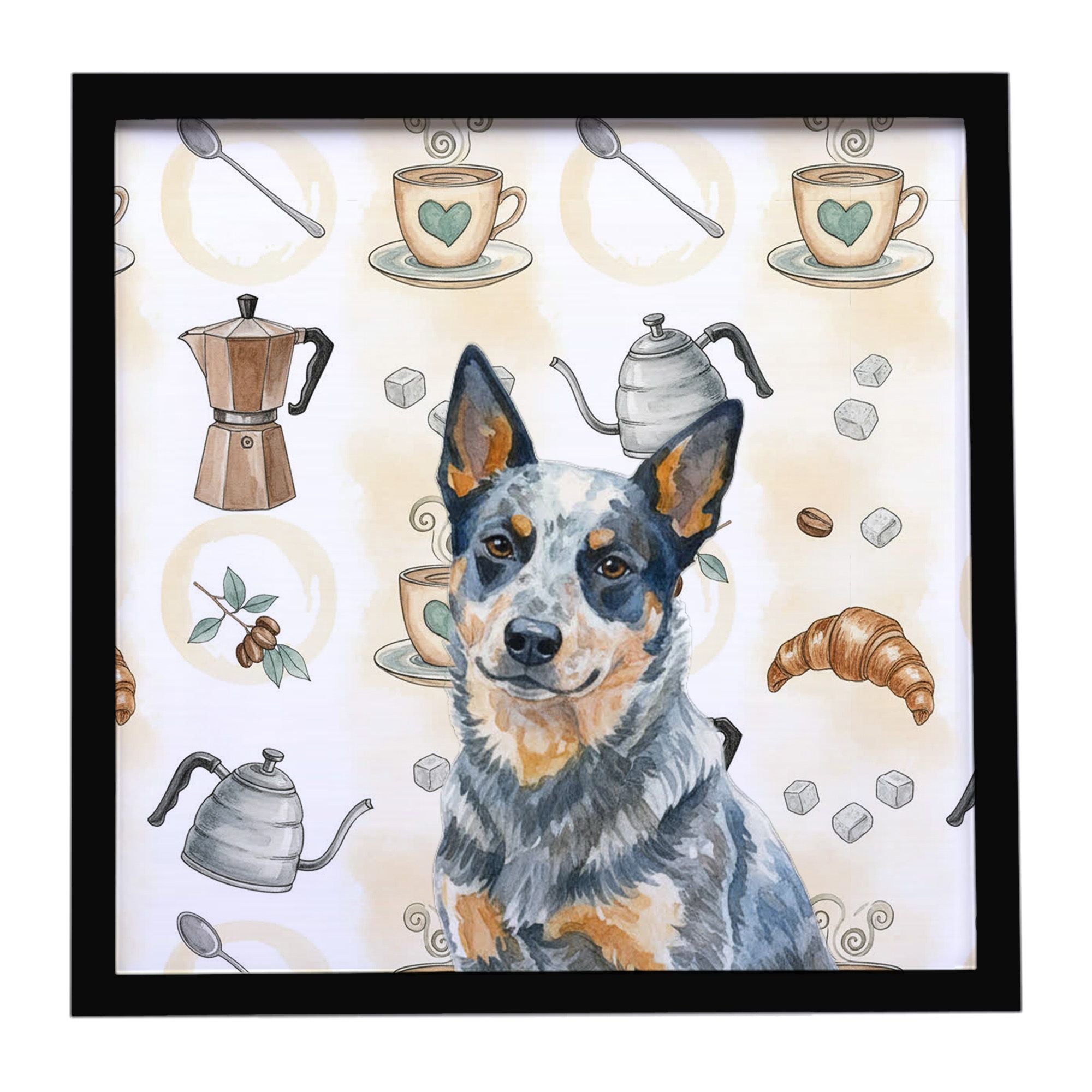Blue Heeler Australian Cattle Dog Coffee Bar Framed Metal Print Bathroom, Kitchen, Office, Home Decor Wall Art Ready to Hang, Sq