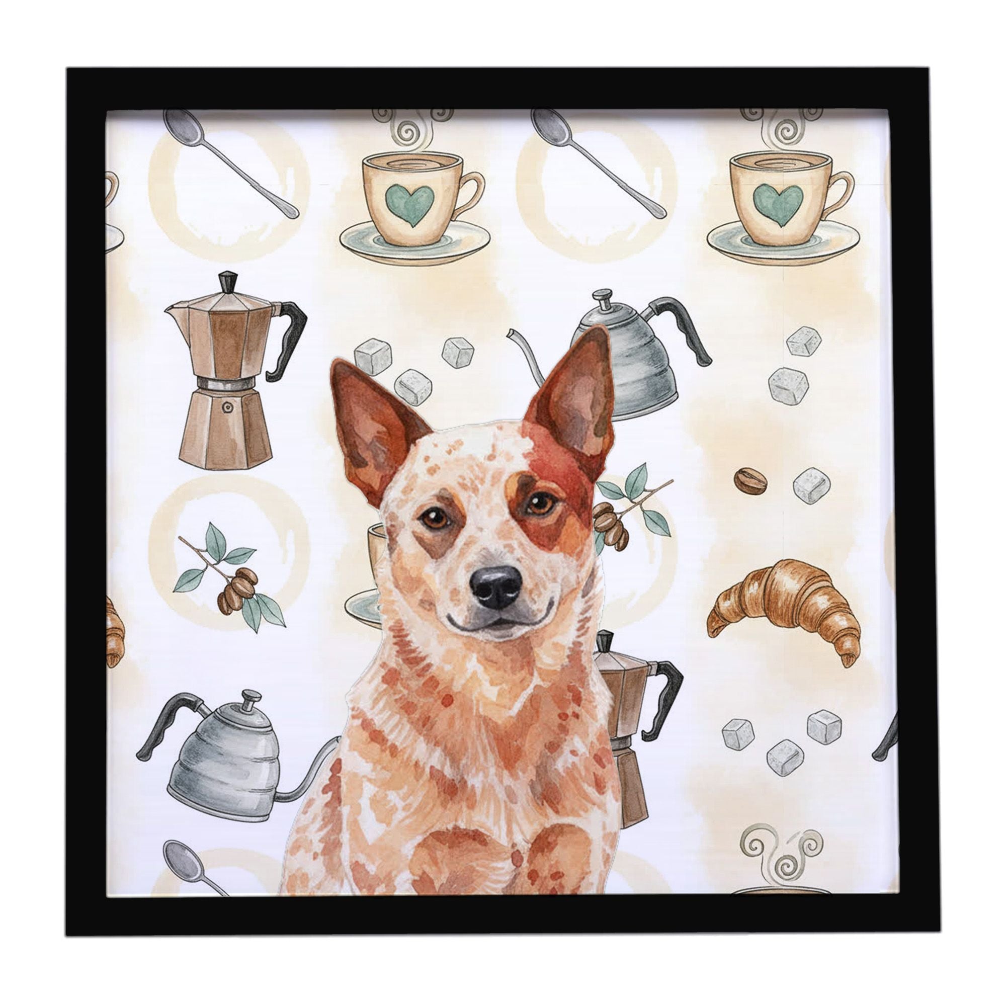 Red Heeler Australian Cattle Dog Coffee Bar Framed Metal Print Bathroom, Kitchen, Office, Home Decor Wall Art Ready to Hang, Squ