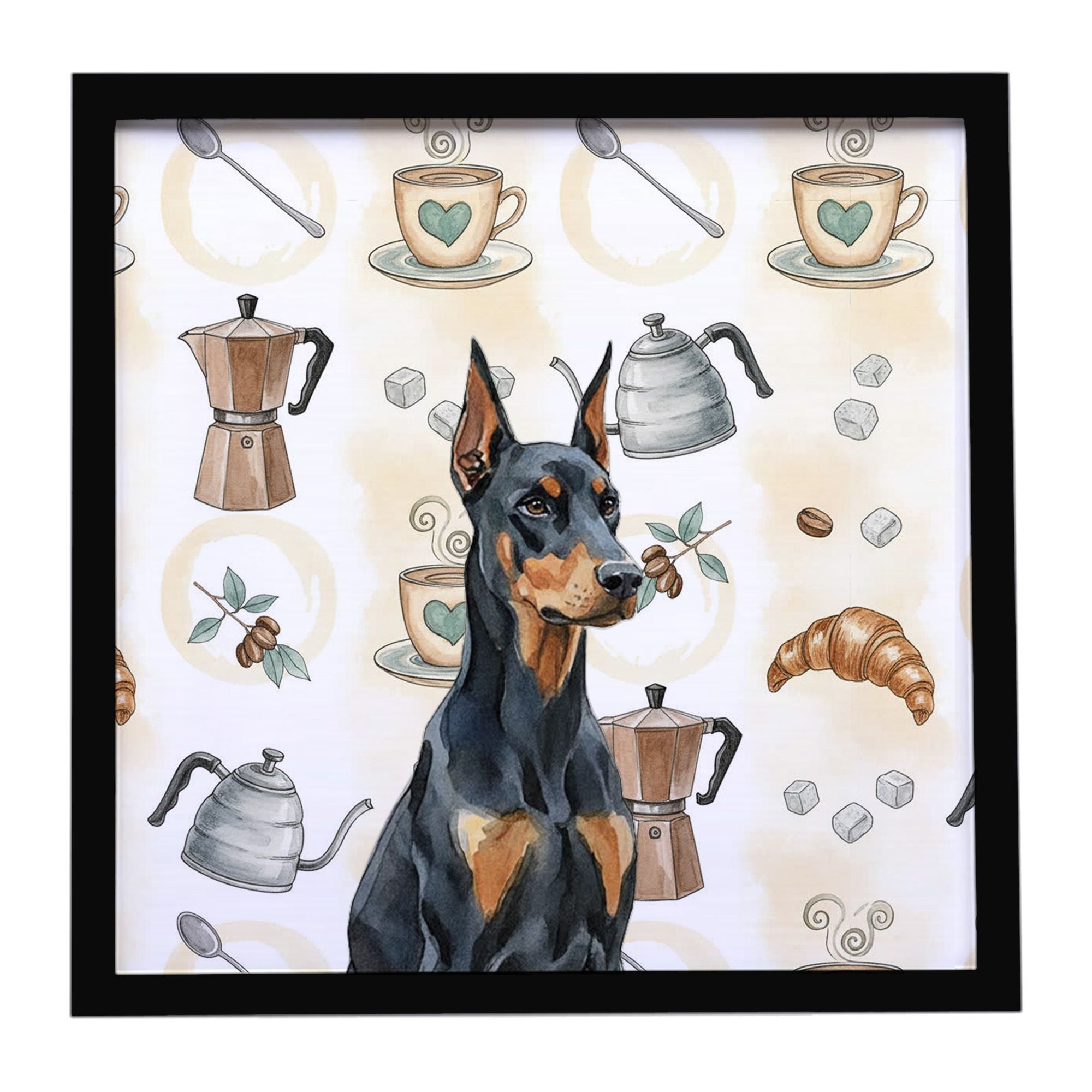 Doberman Pinscher Coffee Bar Framed Metal Print Bathroom, Kitchen, Office, Home Decor Wall Art Ready to Hang, Square, 8X8