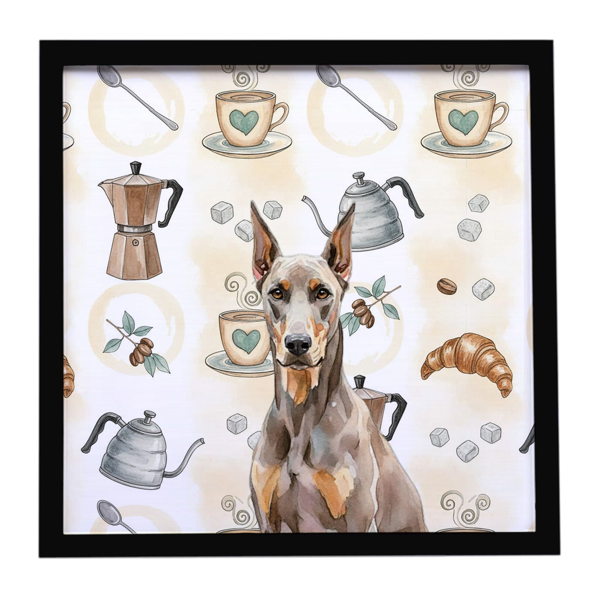 Fawn Doberman Pinscher Coffee Bar Framed Metal Print Bathroom, Kitchen, Office, Home Decor Wall Art Ready to Hang, Square, 8X8