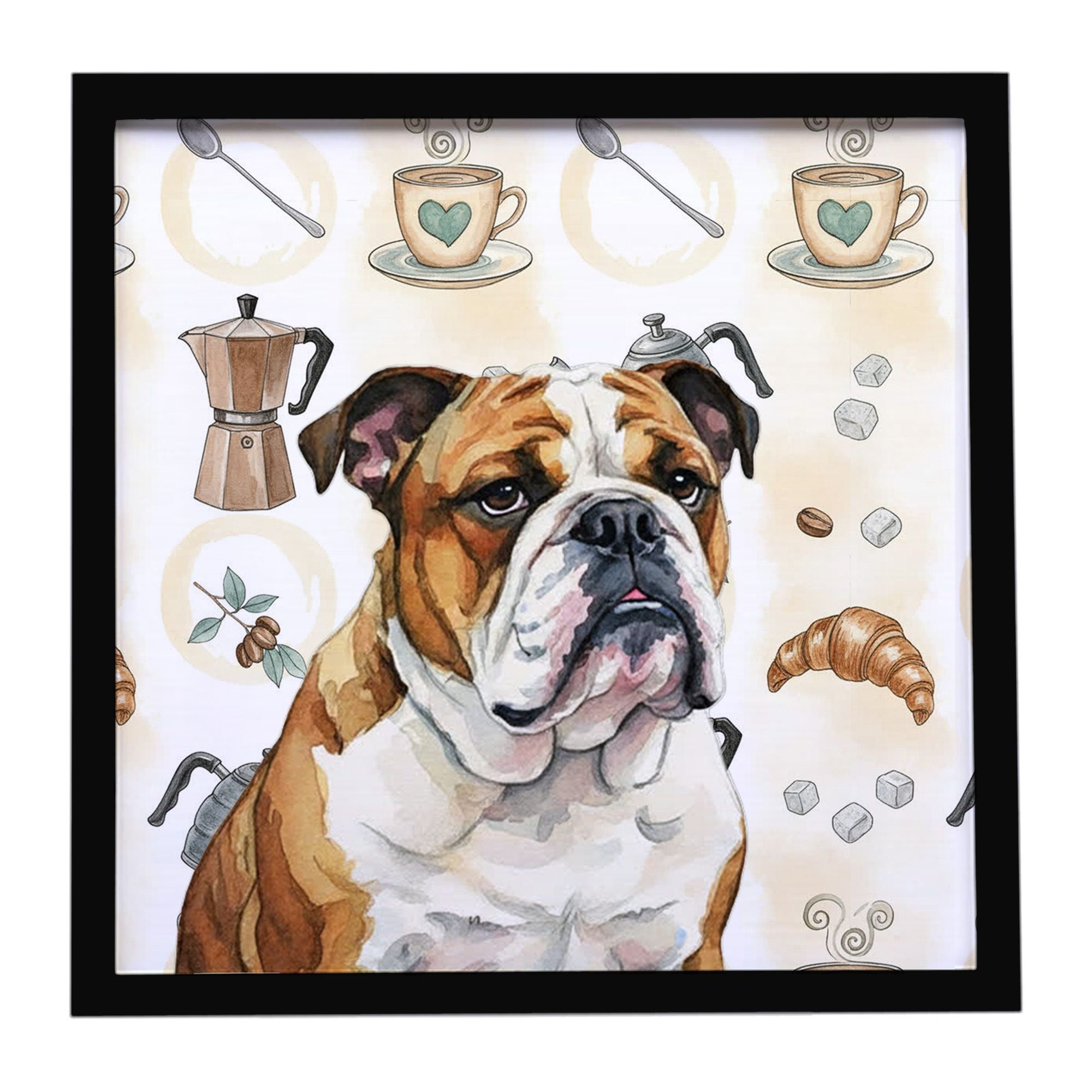 Brindle and White English Bulldog Coffee Bar Framed Metal Print Bathroom, Kitchen, Office, Home Decor Wall Art Ready to Hang, Sq