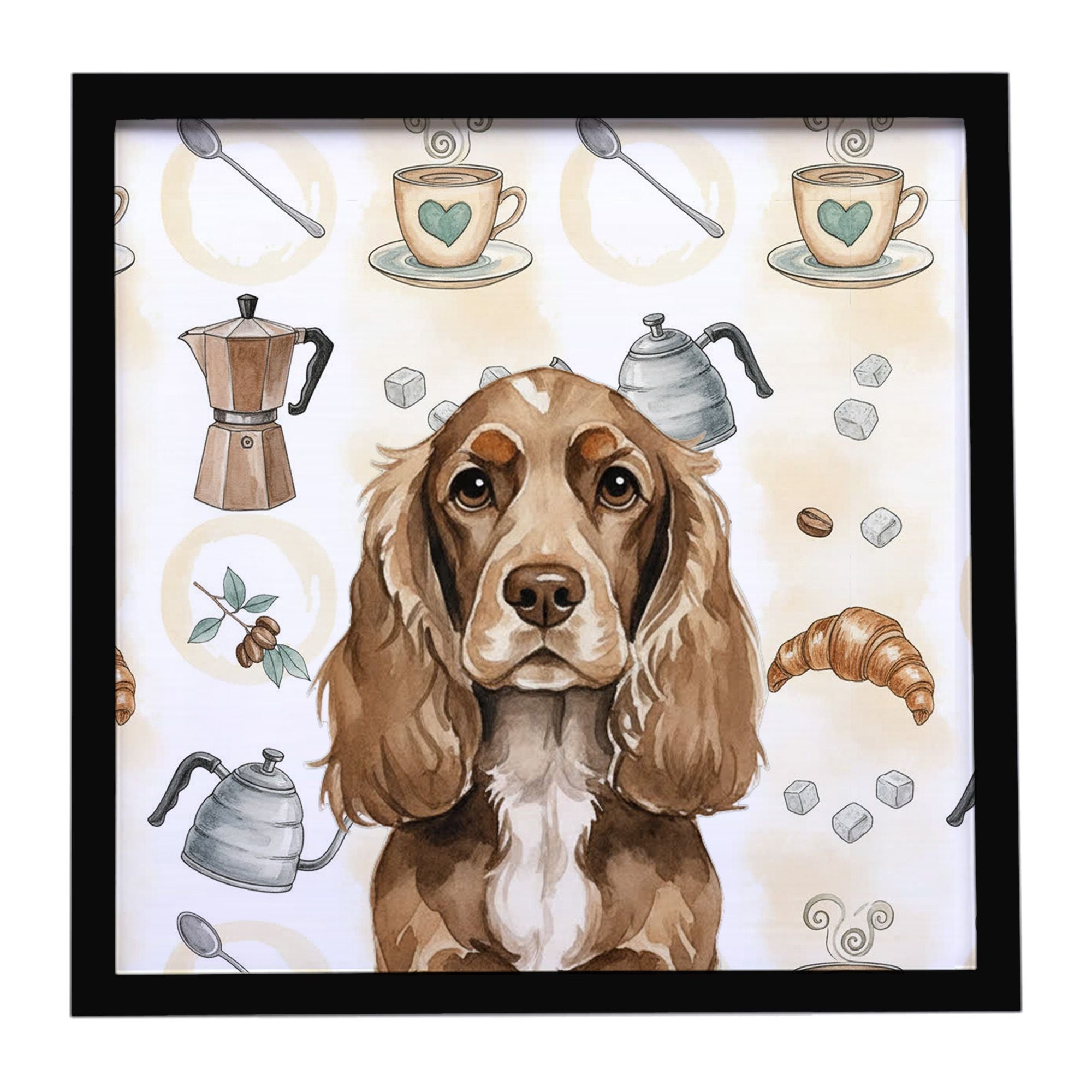Chocolate Cocker Spaniel Coffee Bar Framed Metal Print Bathroom, Kitchen, Office, Home Decor Wall Art Ready to Hang, Square, 8X8