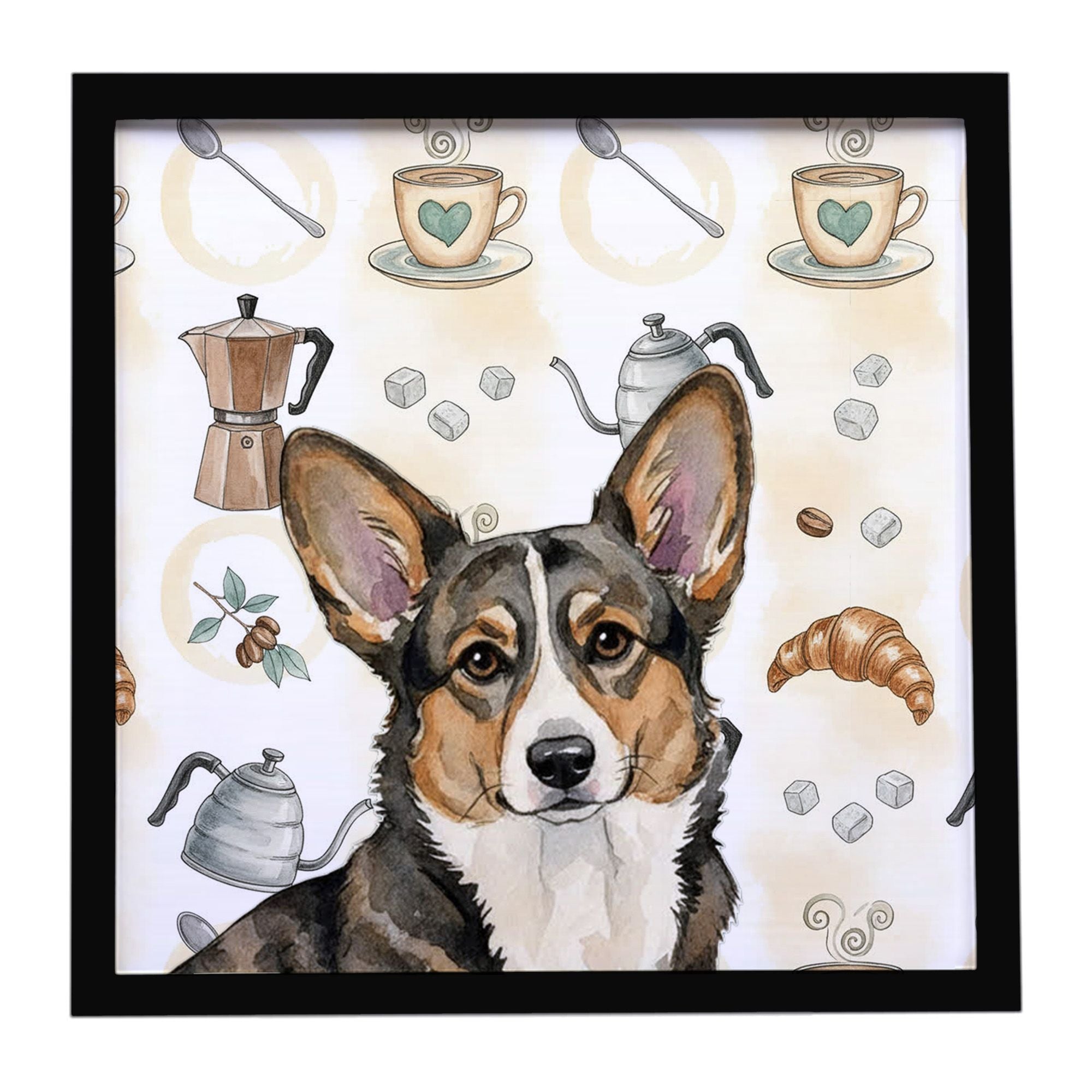 Brindle Cardigan Welsh Corgi Coffee Bar Framed Metal Print Bathroom, Kitchen, Office, Home Decor Wall Art Ready to Hang, Square,