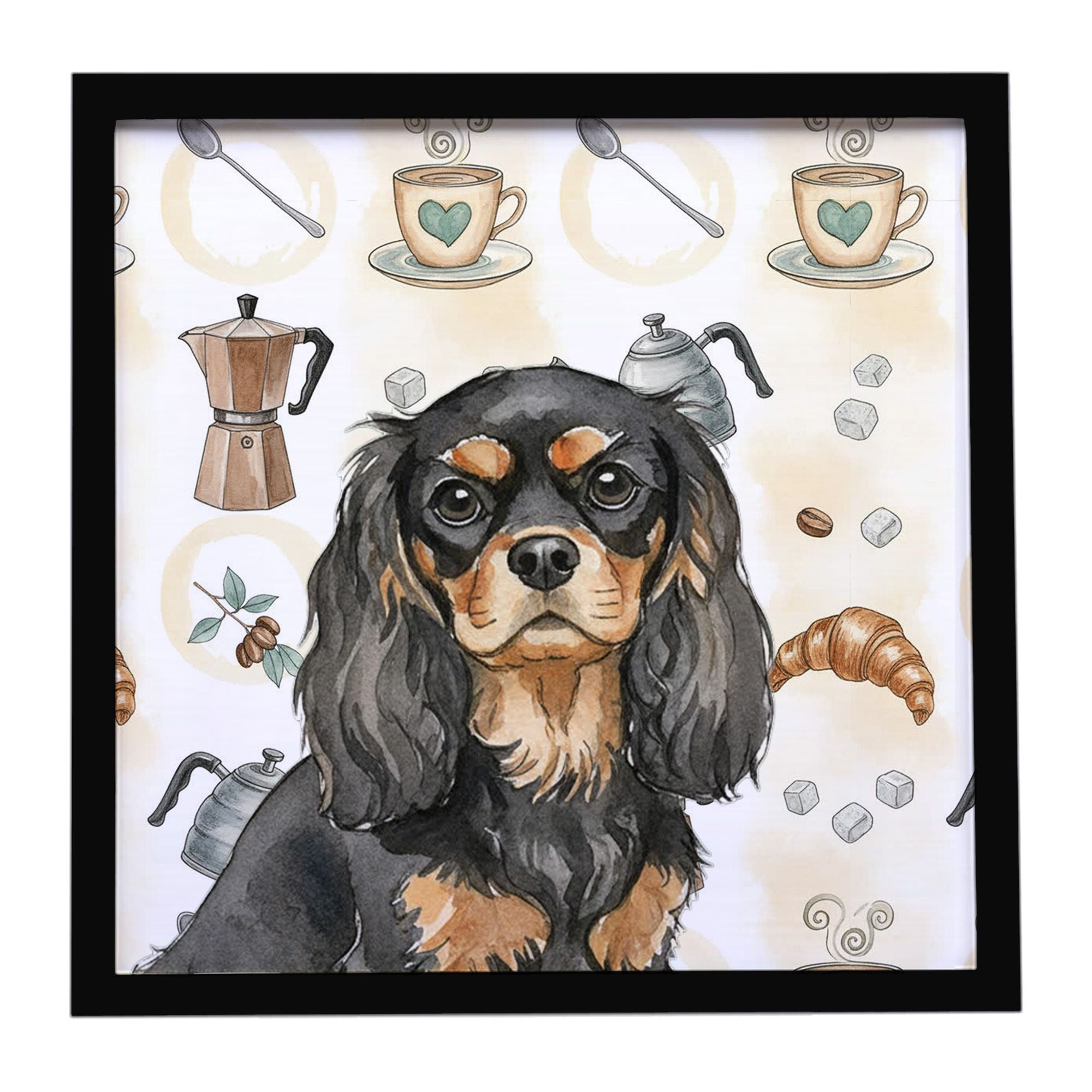 Black and Tan Cavalier Spaniel Coffee Bar Framed Metal Print Bathroom, Kitchen, Office, Home Decor Wall Art Ready to Hang, Squar