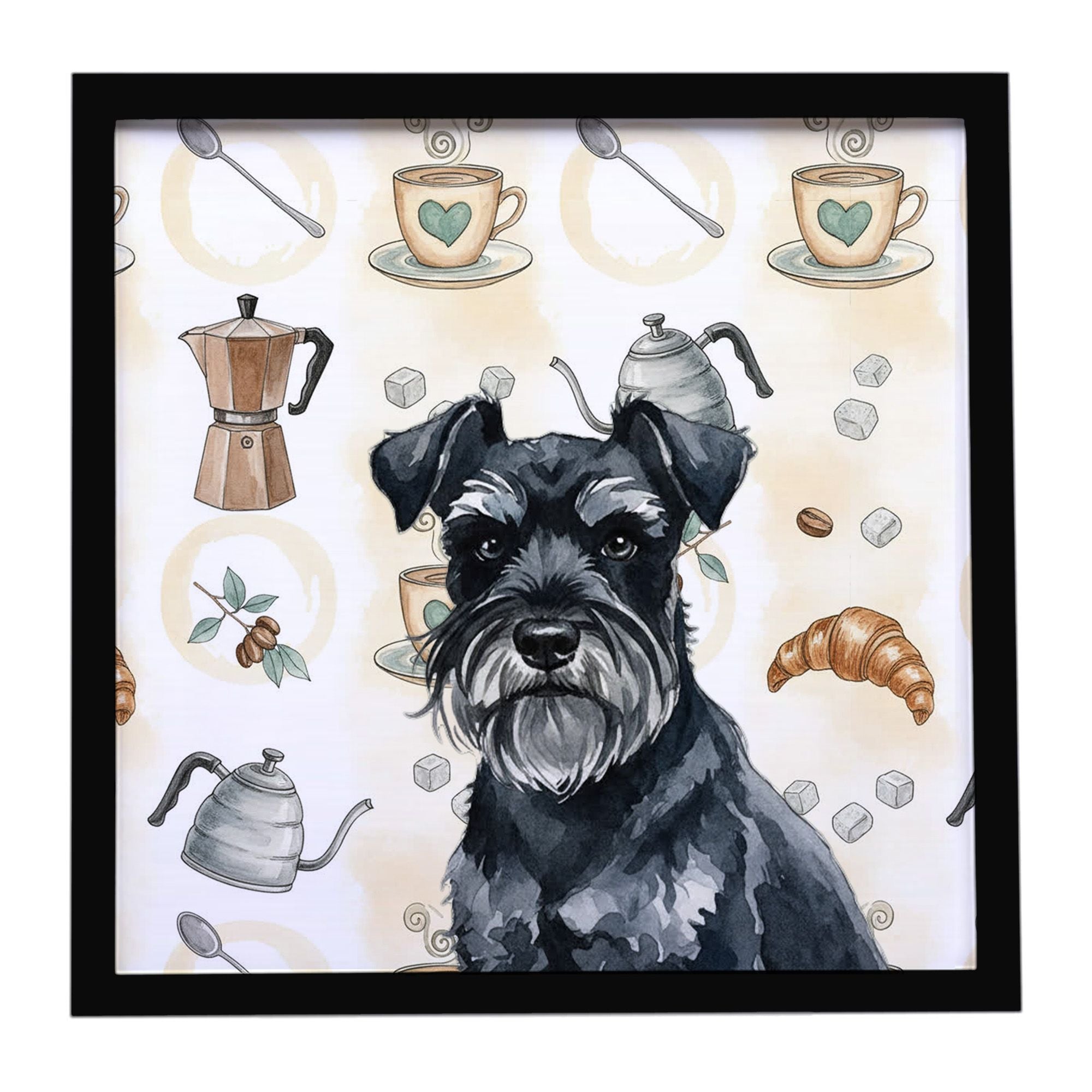 Black Miniature Schnauzer Coffee Bar Framed Metal Print Bathroom, Kitchen, Office, Home Decor Wall Art Ready to Hang, Square, 8X